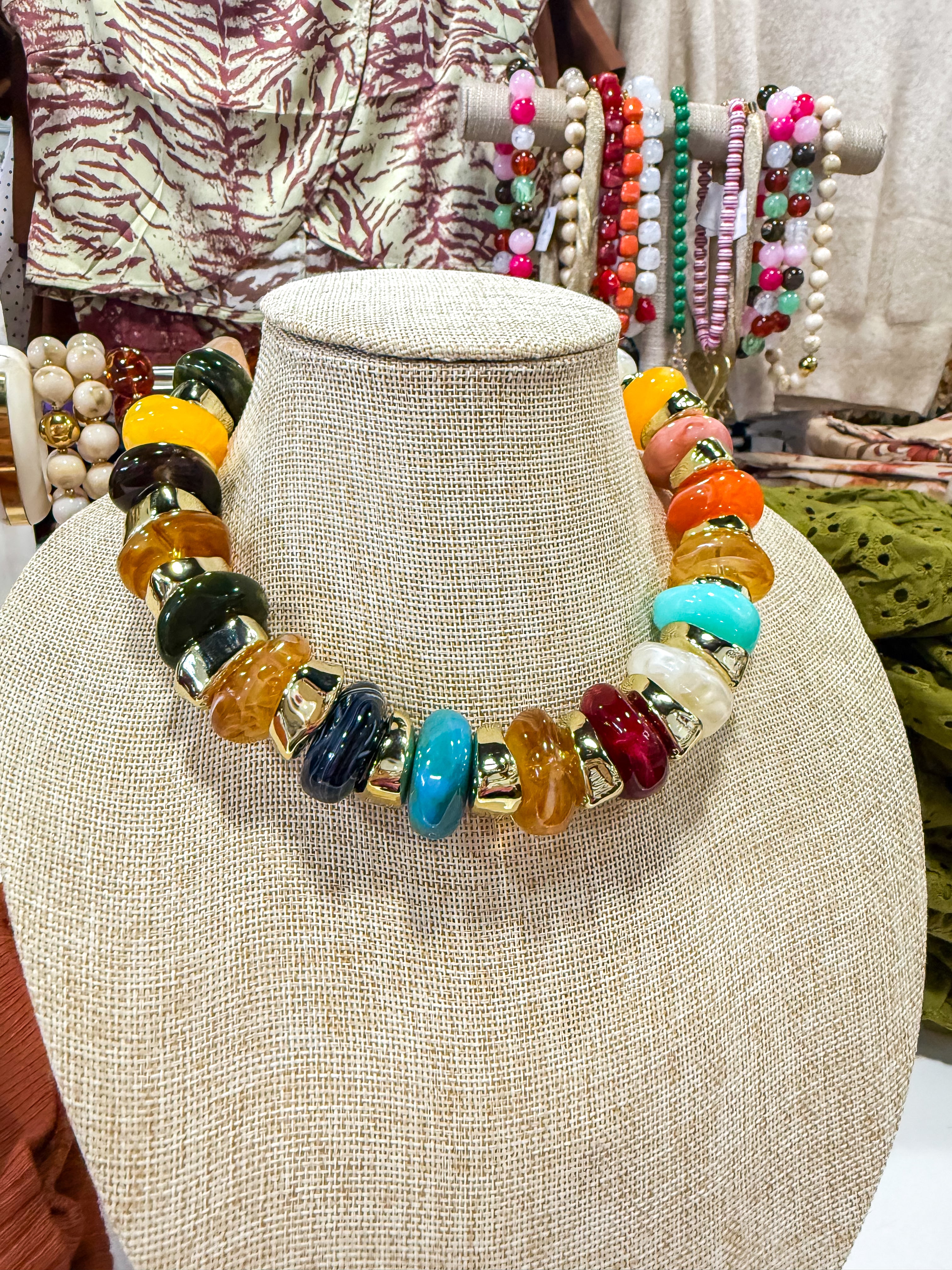 Chunky Colorful Bead & Gold Necklace