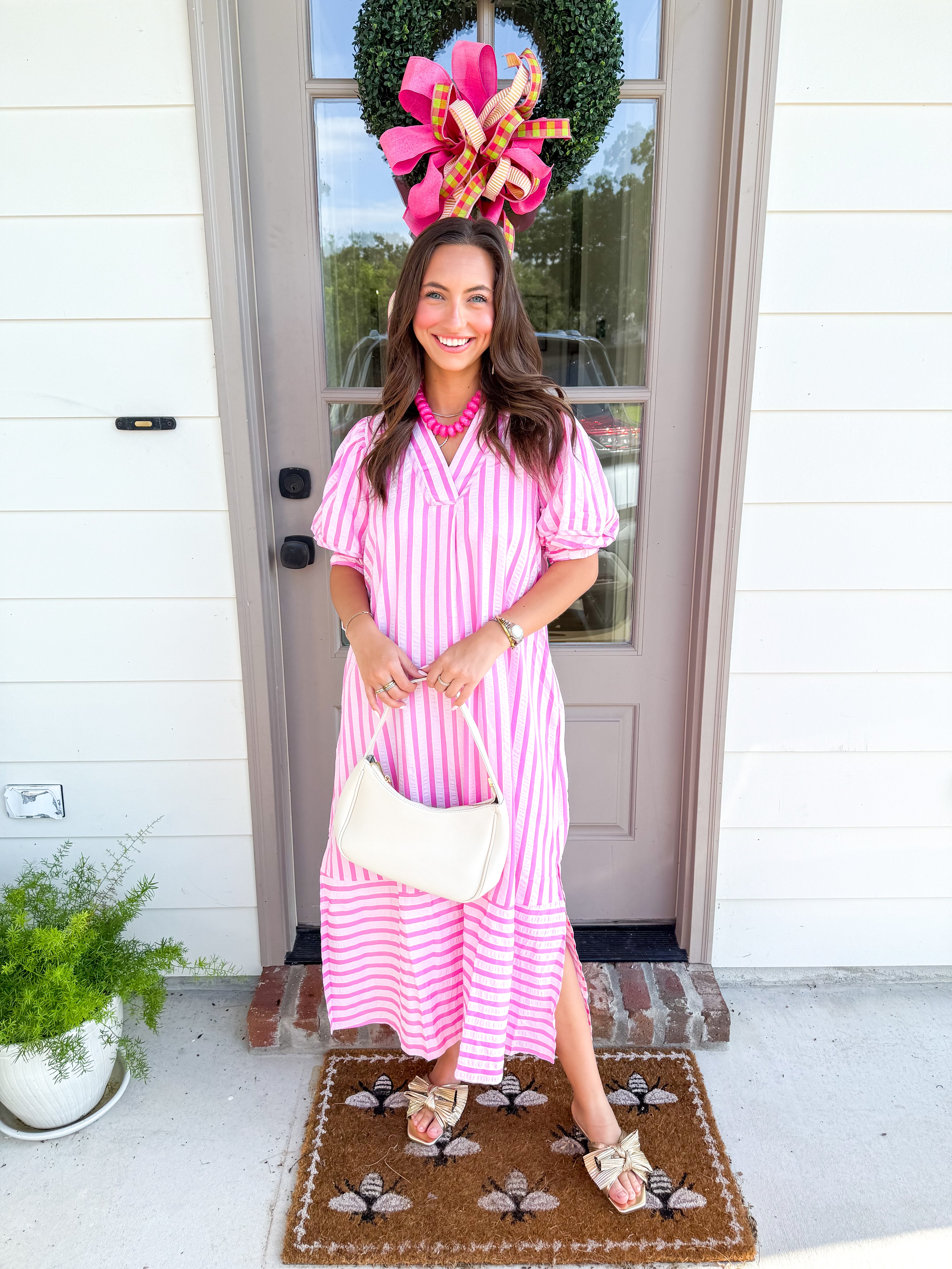 Coastal Stripe Puff Sleeve Midi Peony