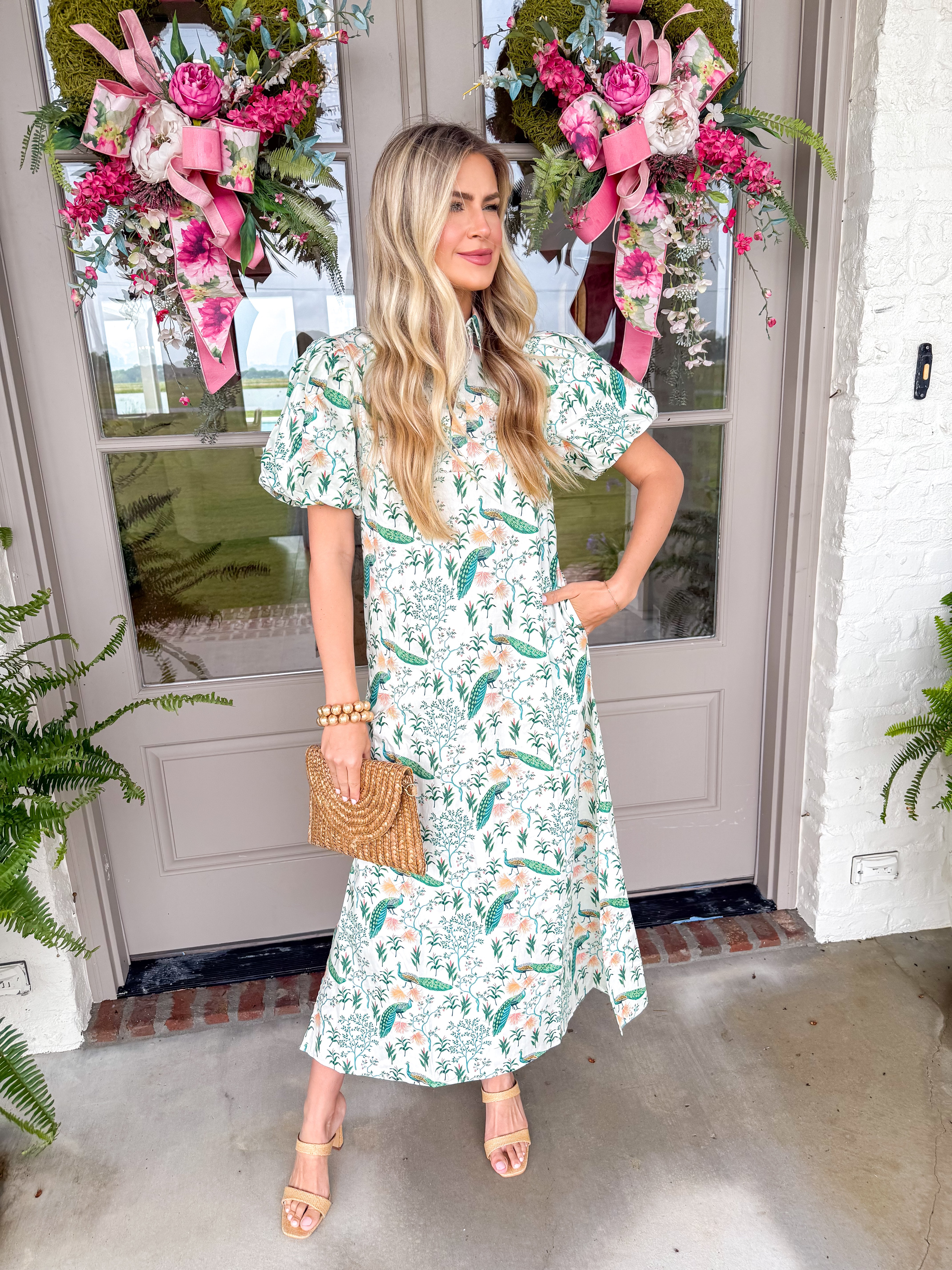 Peacock Print Puff Sleeve Midi