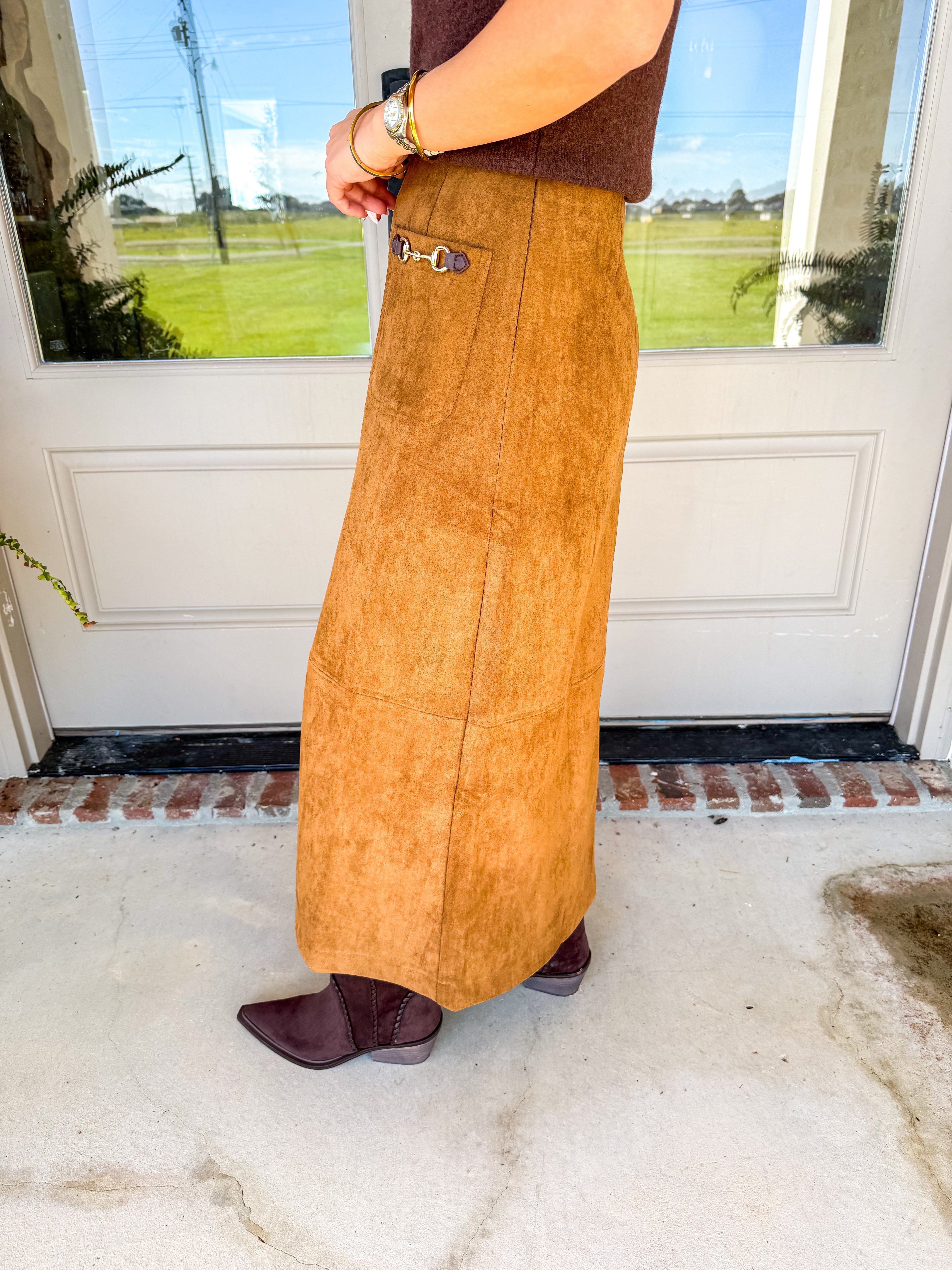 Camel Suede Midi Skirt with Front Slit