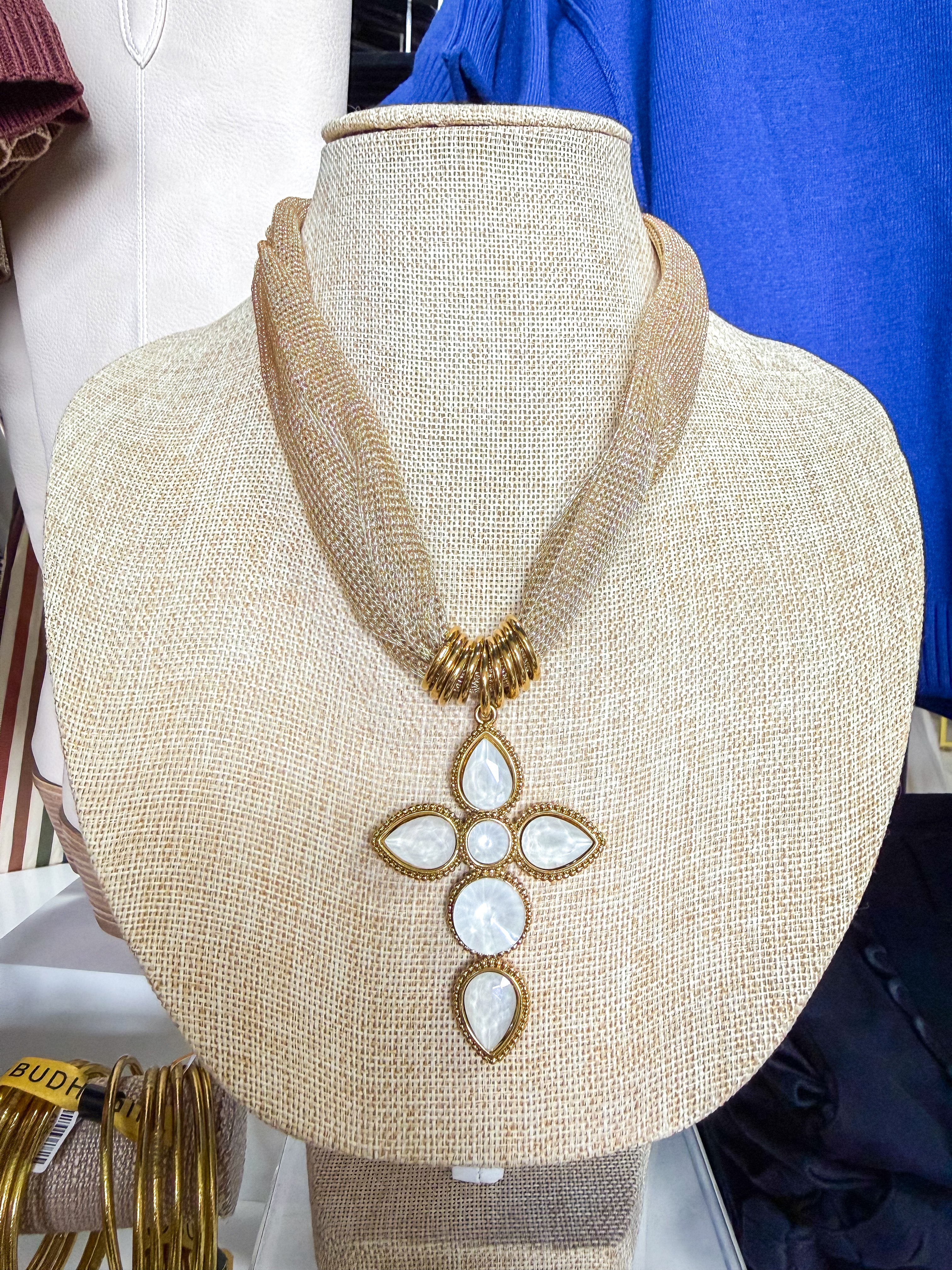 Iridescent White Cross On Gold Necklace