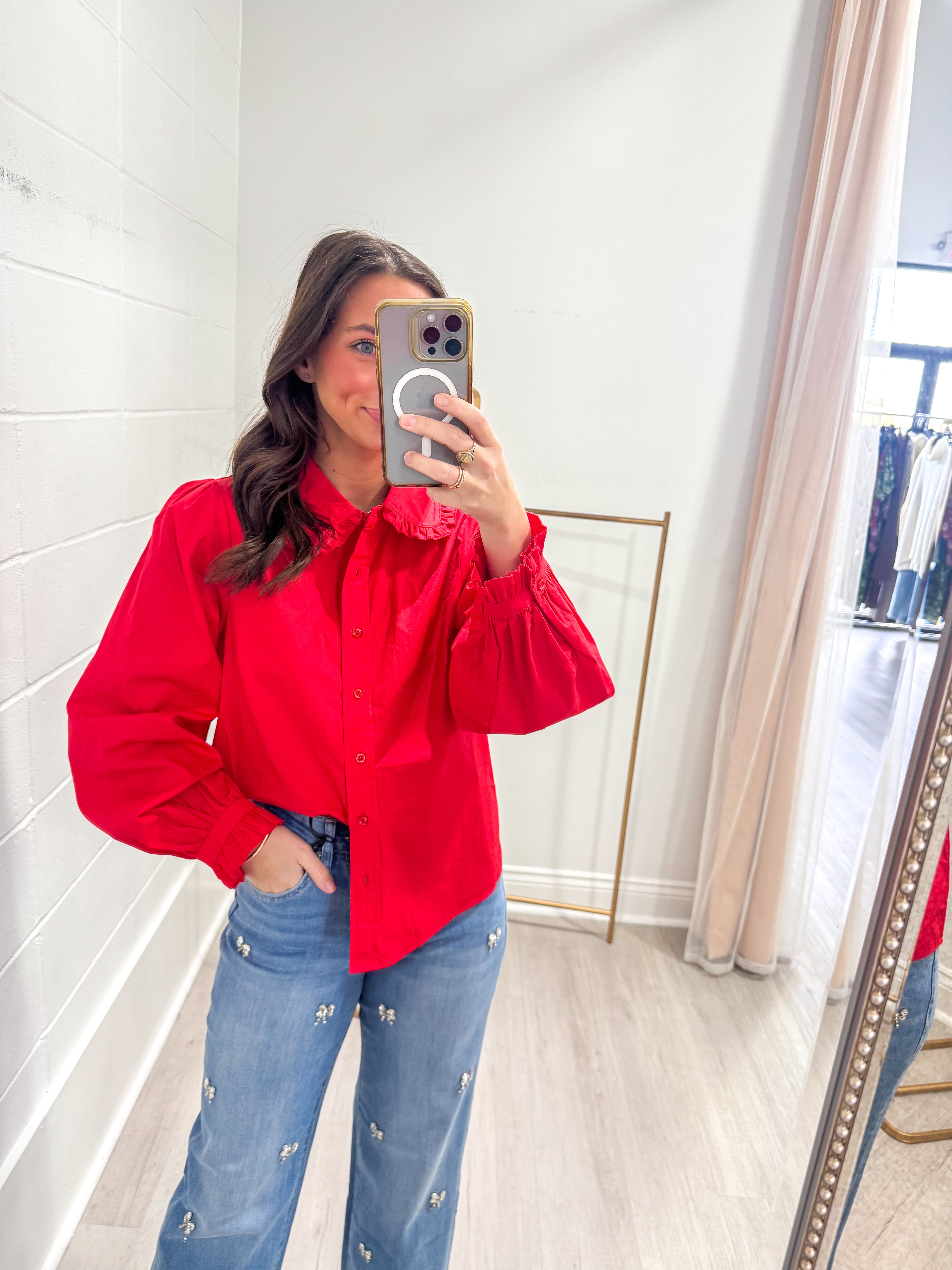 Cajun Red Ruffle Accent Poplin Top