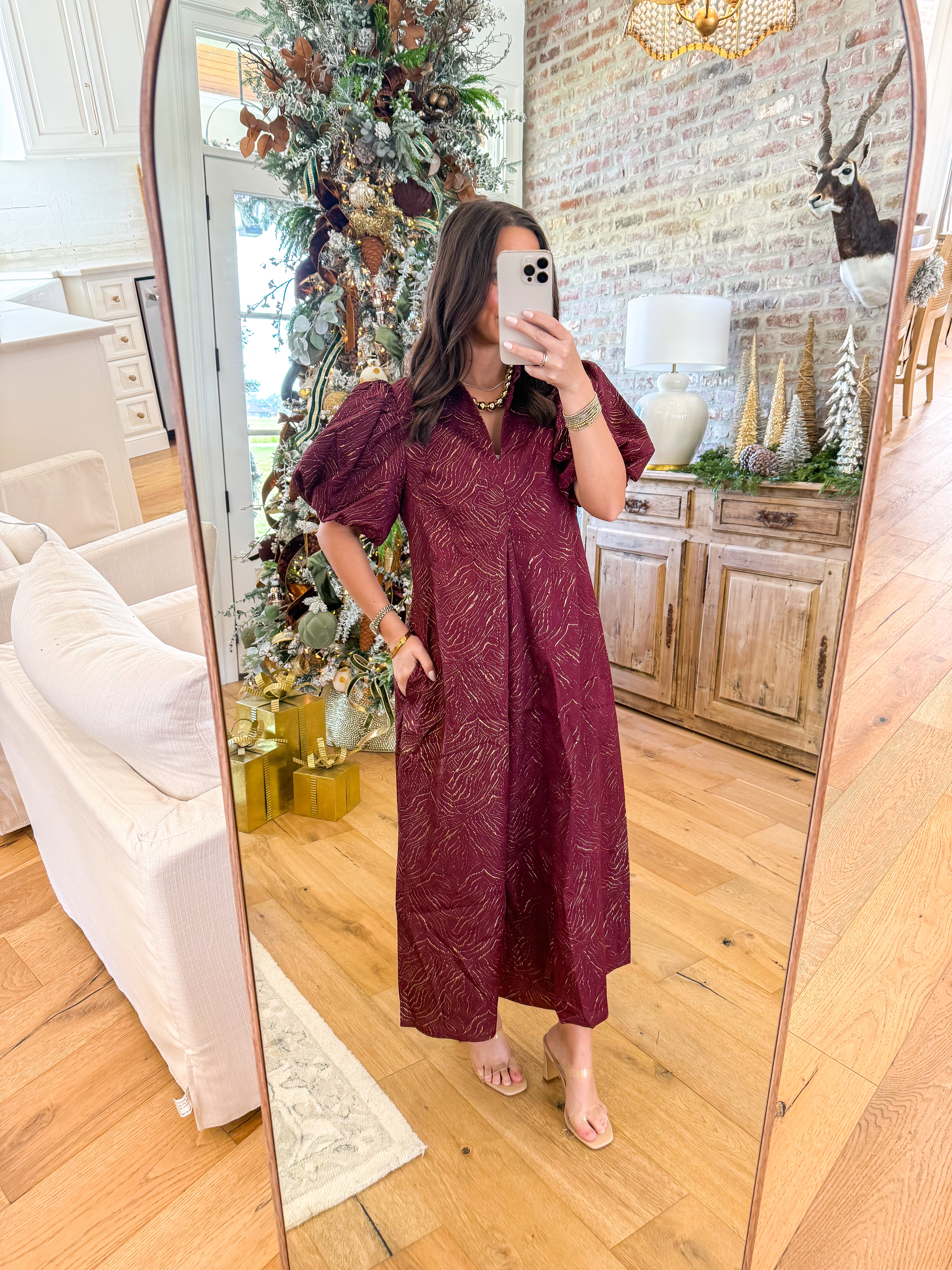 The Burgundy Lurex Puff Sleeve Midi Dress