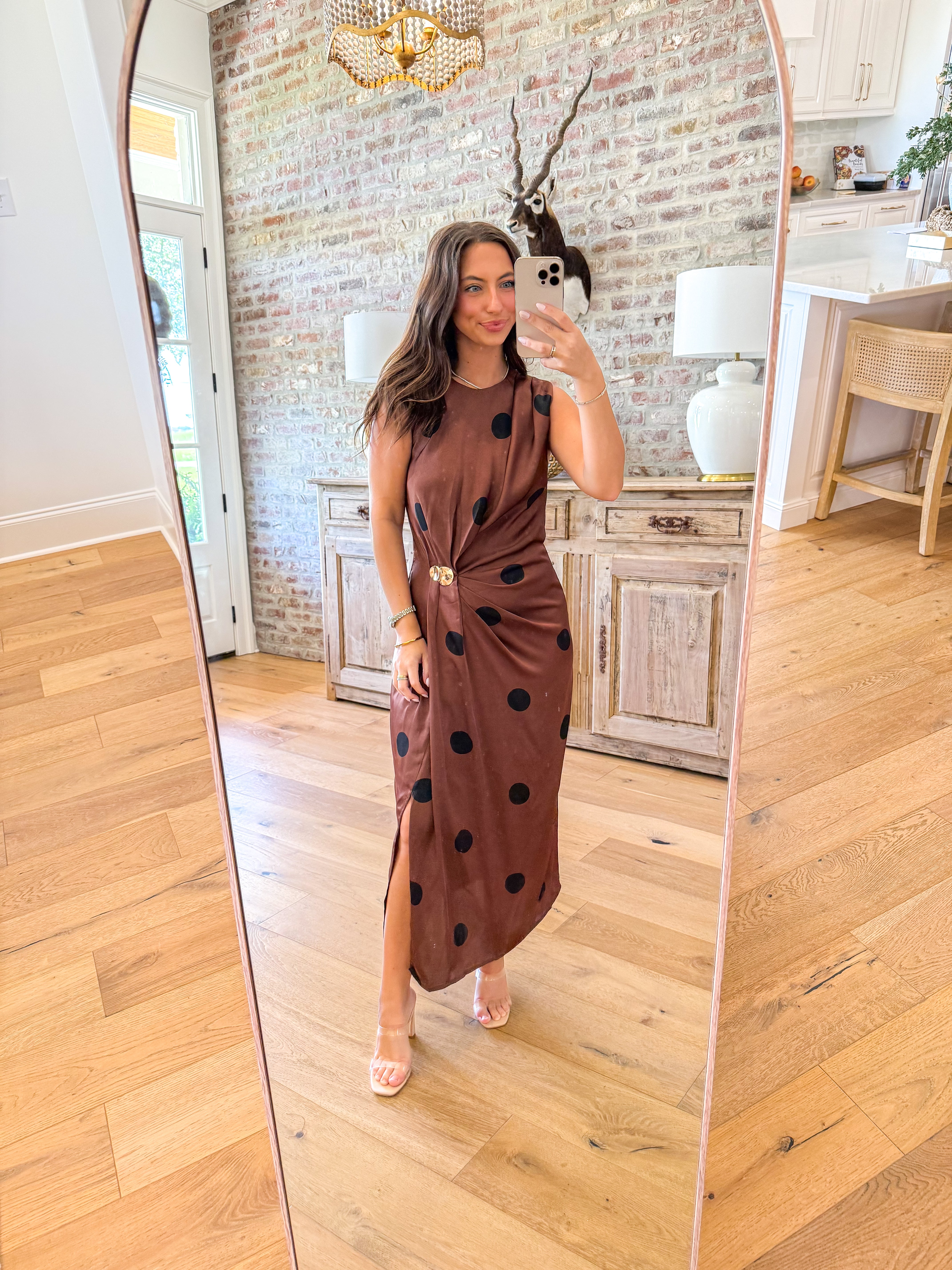 Mocha Dot Satin Midi Dress