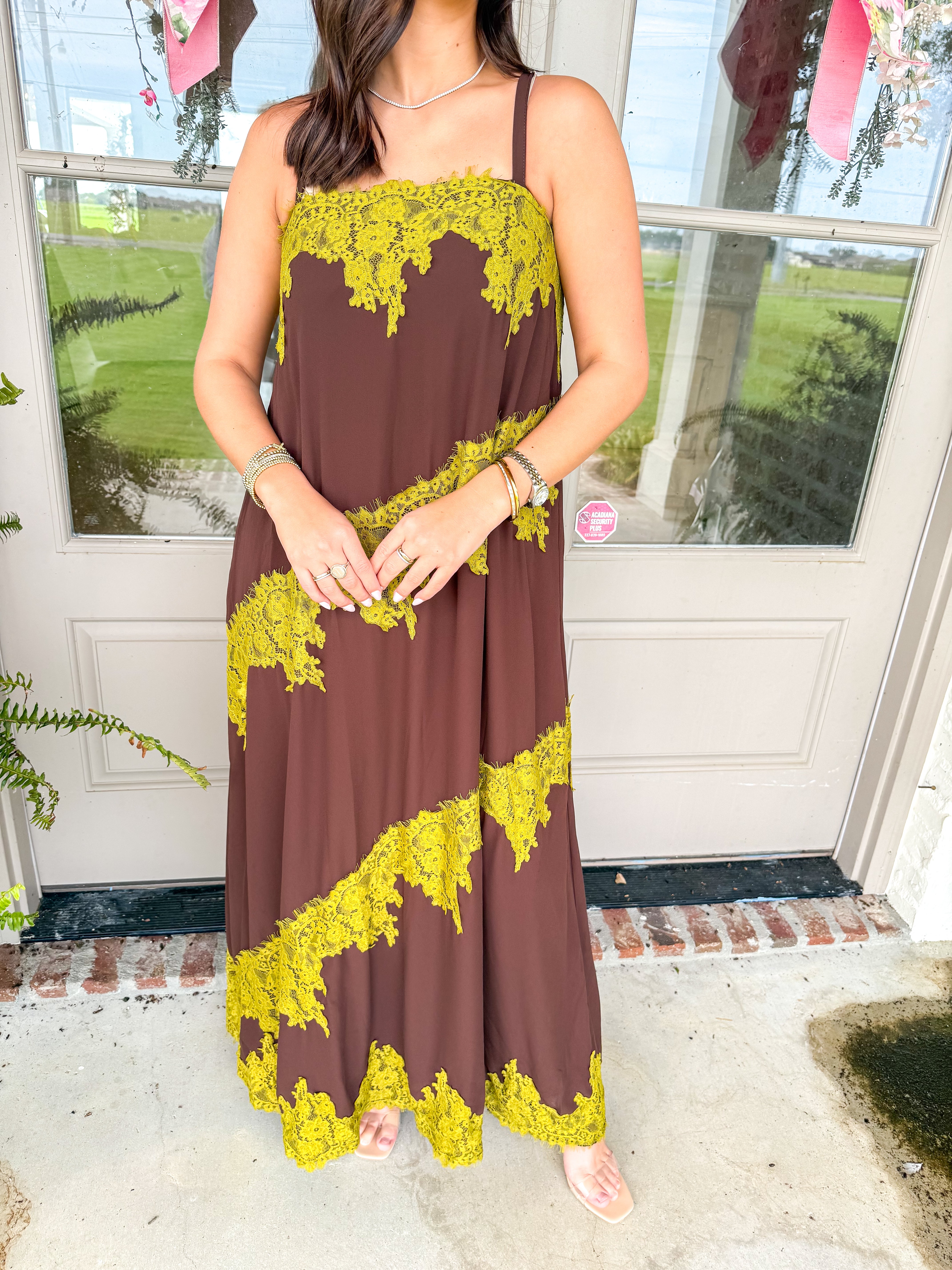 Chocolate & Chartreuse Lace Maxi Dress