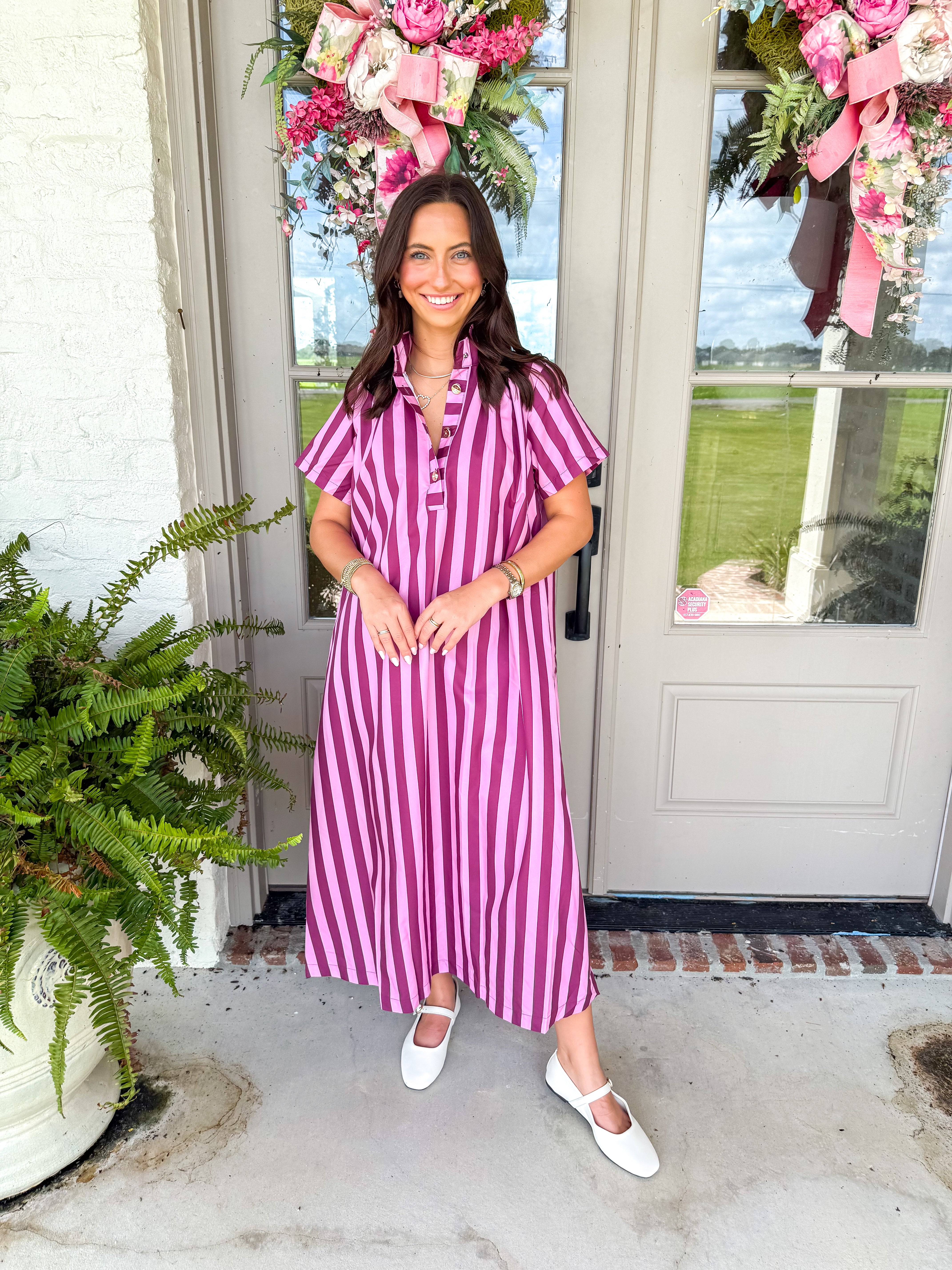 Berry Stripe High-Neck Midi Dress