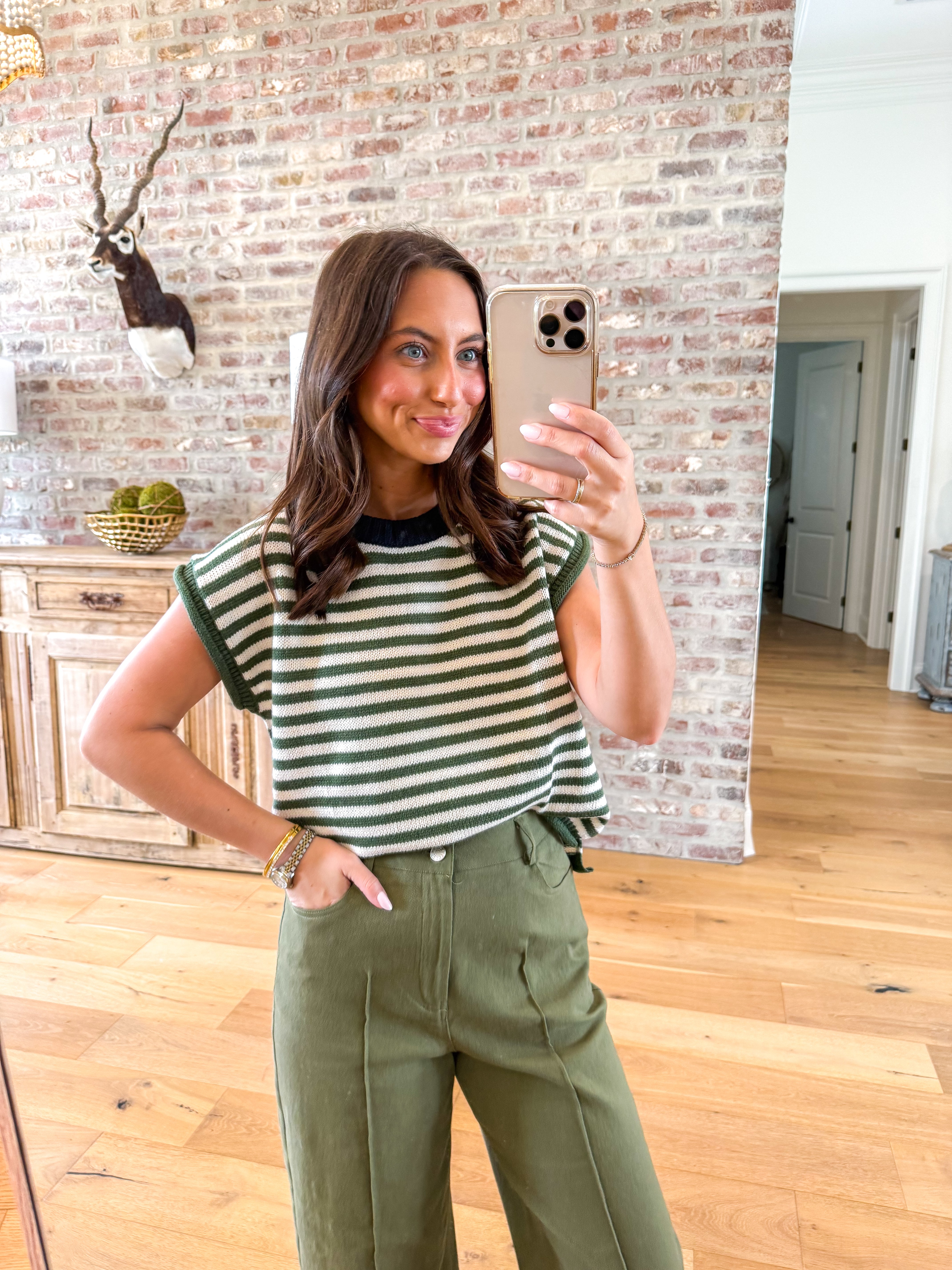 Olive Striped Knit Sweater Vest