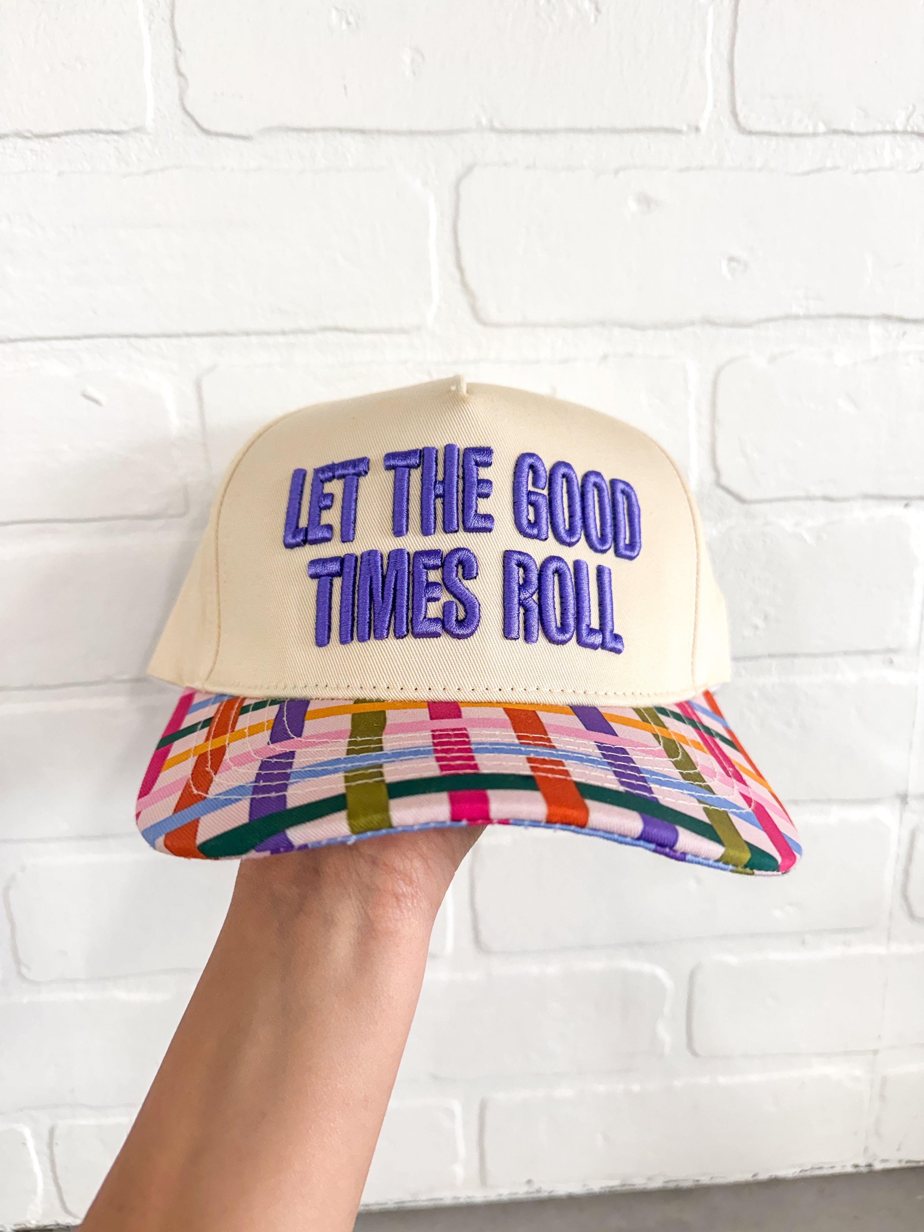 Let The Good Times Roll Cream/Purple Trucker Hat