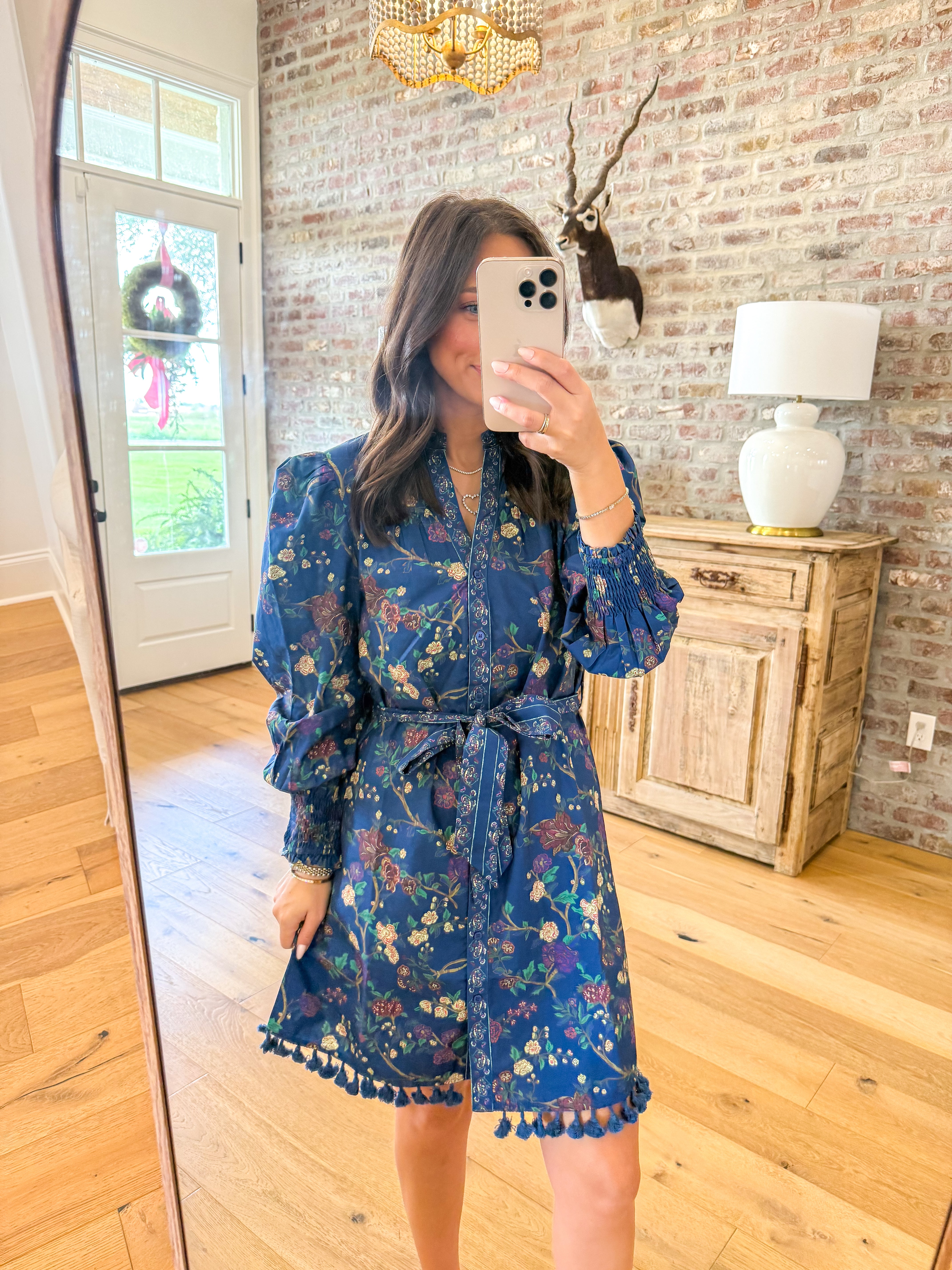 Floral Print Tassel Trim Belted Mini Dress