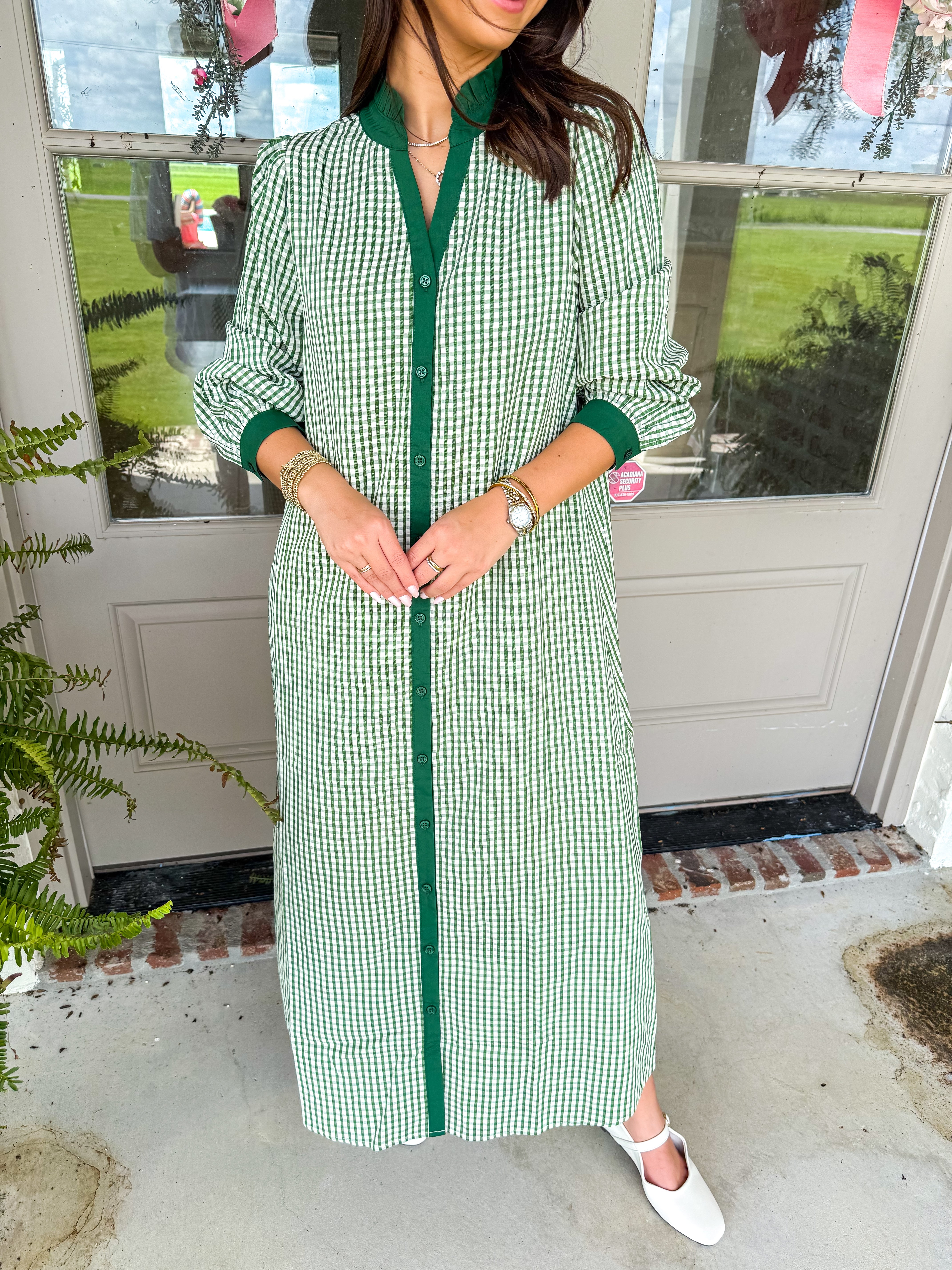 Green Gingham Ruffle Midi Dress