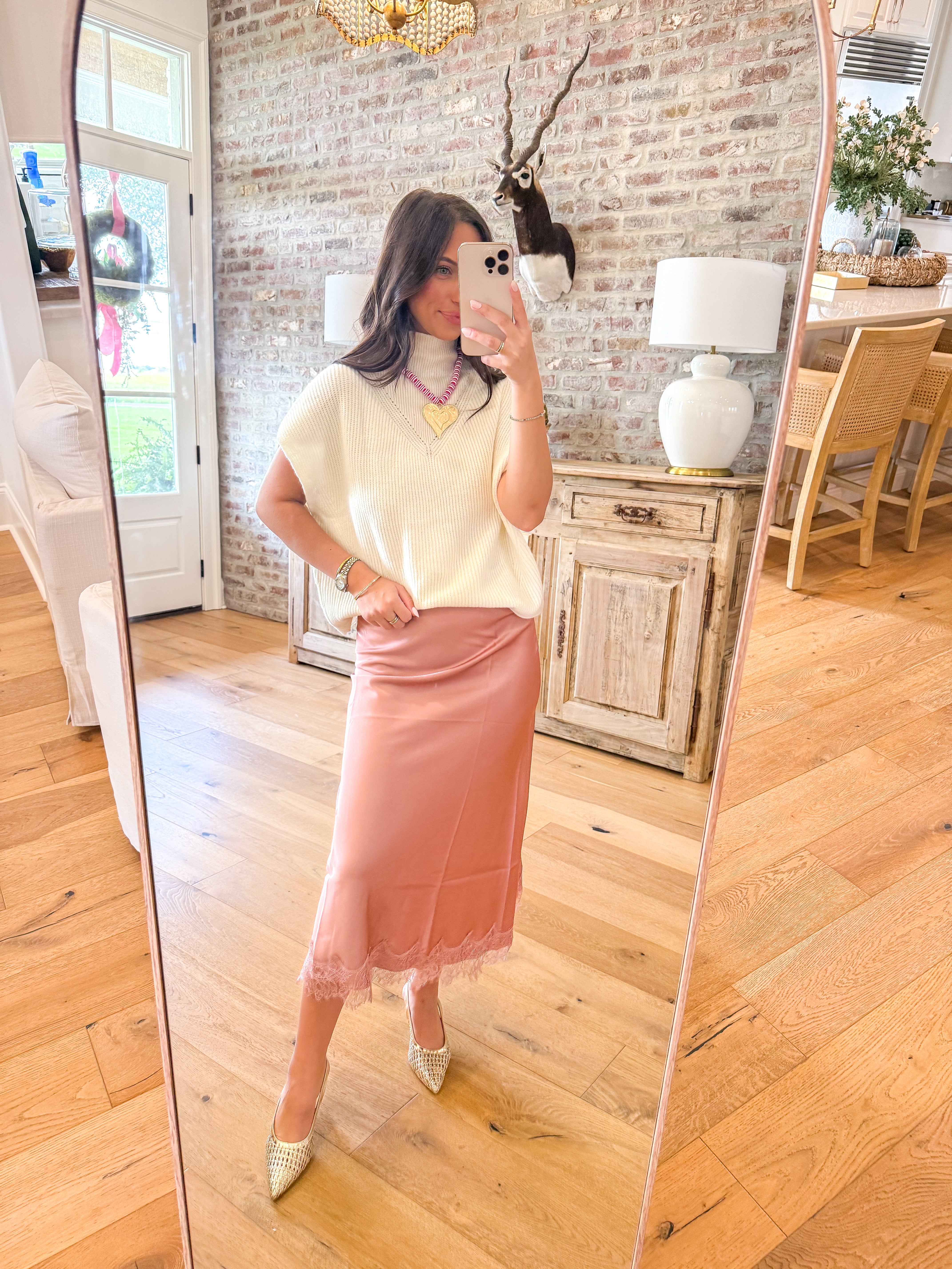 Lace & Satin Midi Skirt Rose