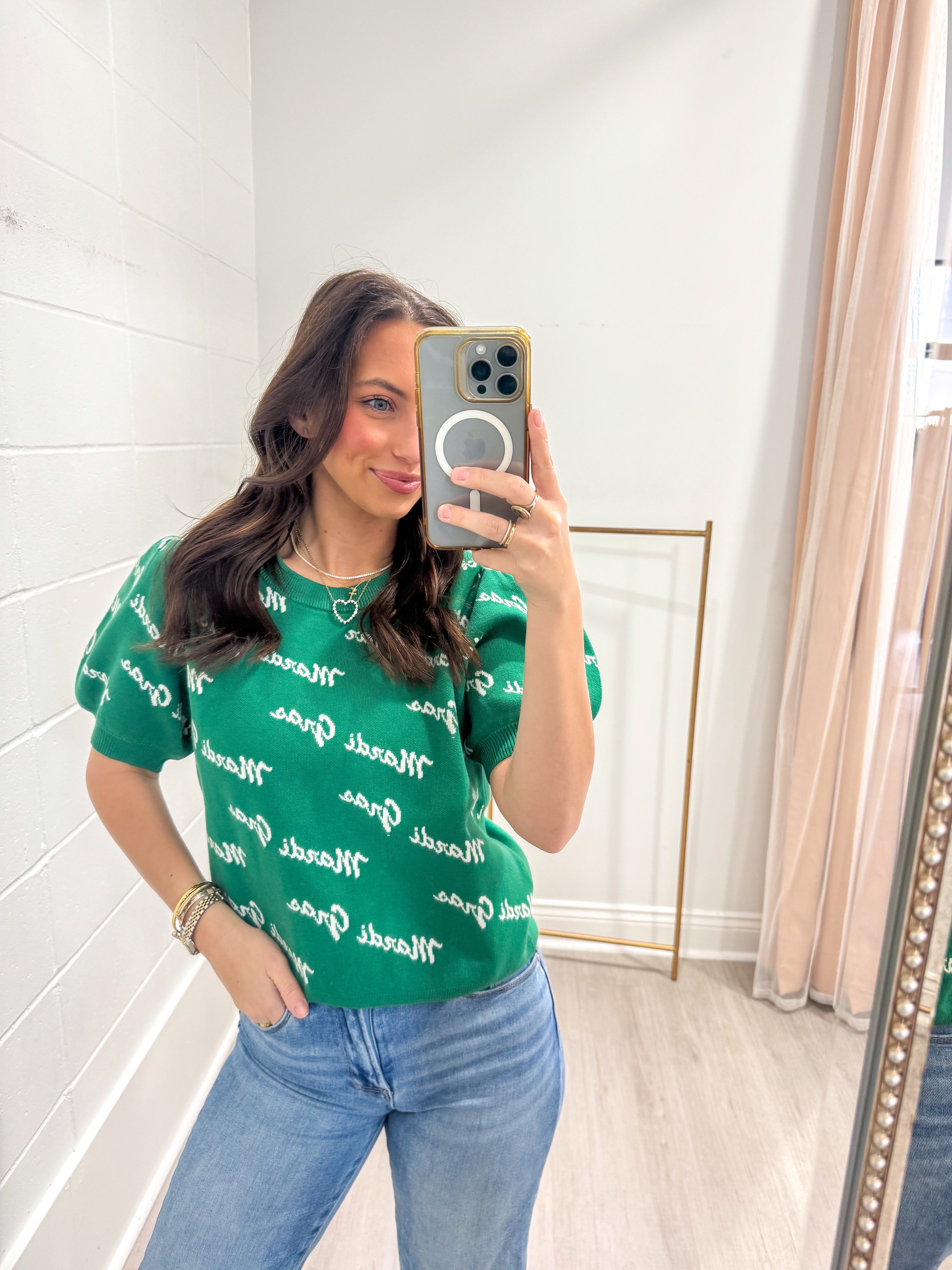 Mardi Gras Words Green Puff Sleeve Top