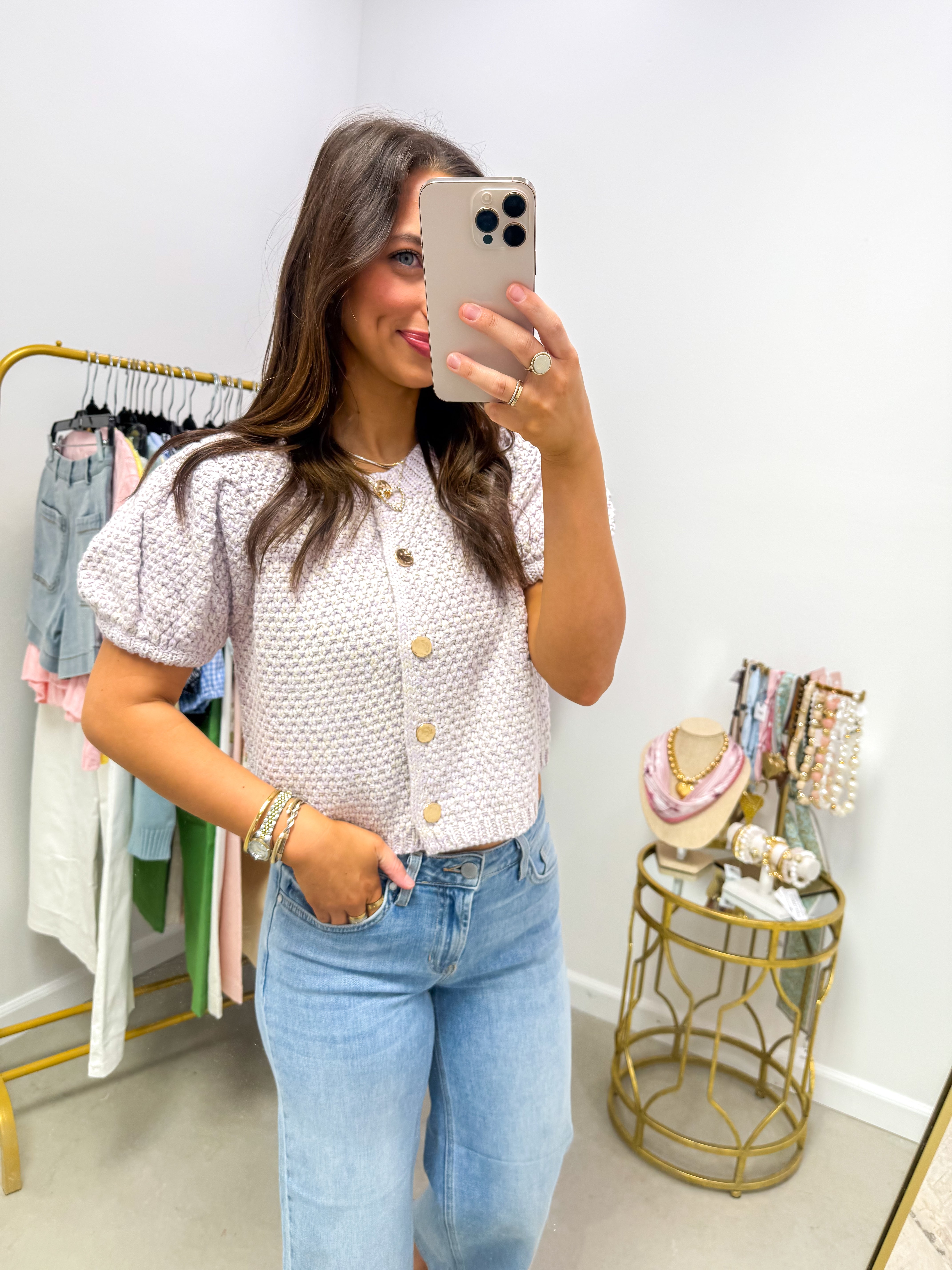 Karlie Knit Lavender Puff Sleeve Cardigan