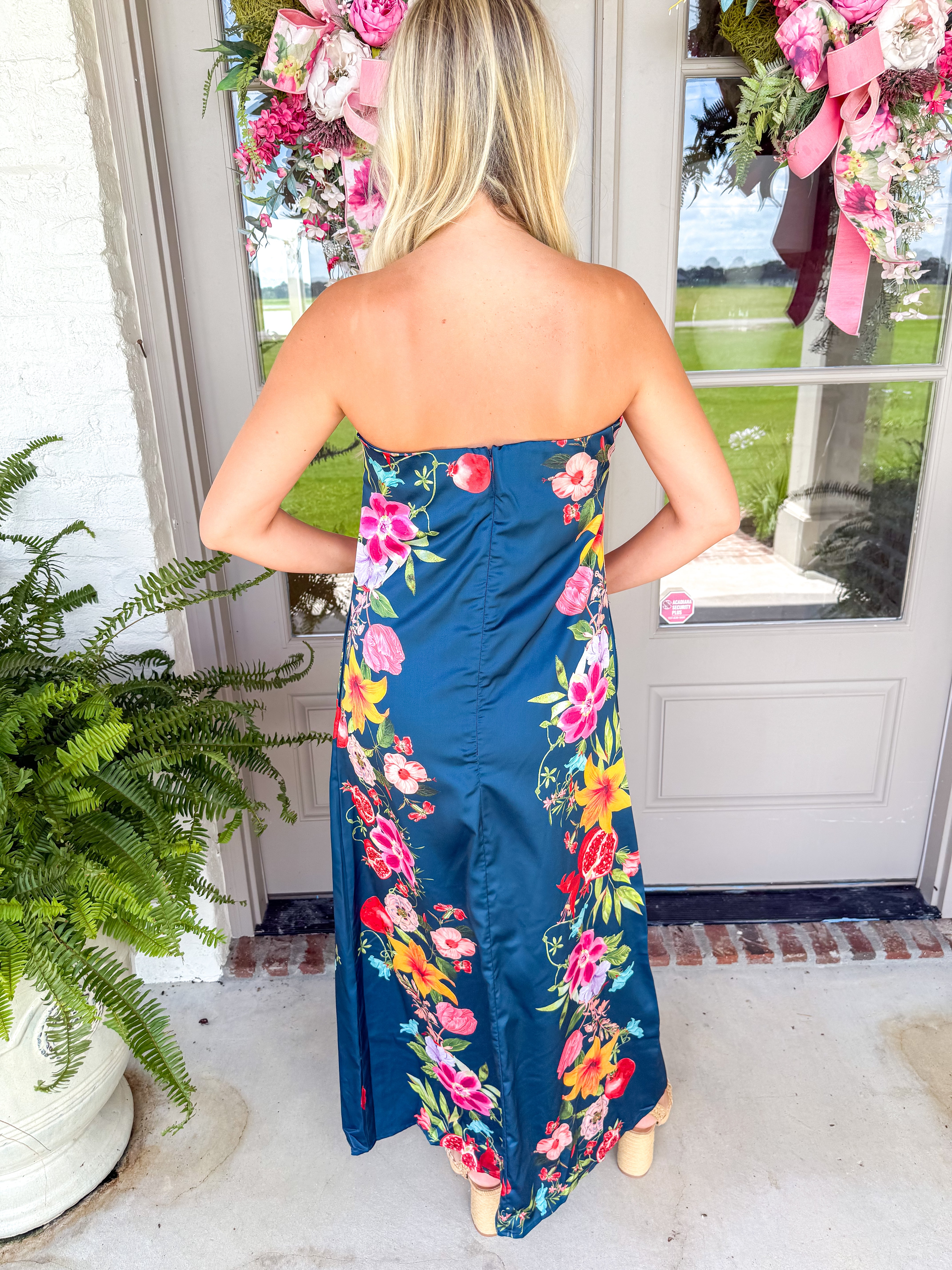 Botanical Border Print Strapless Maxi Dress