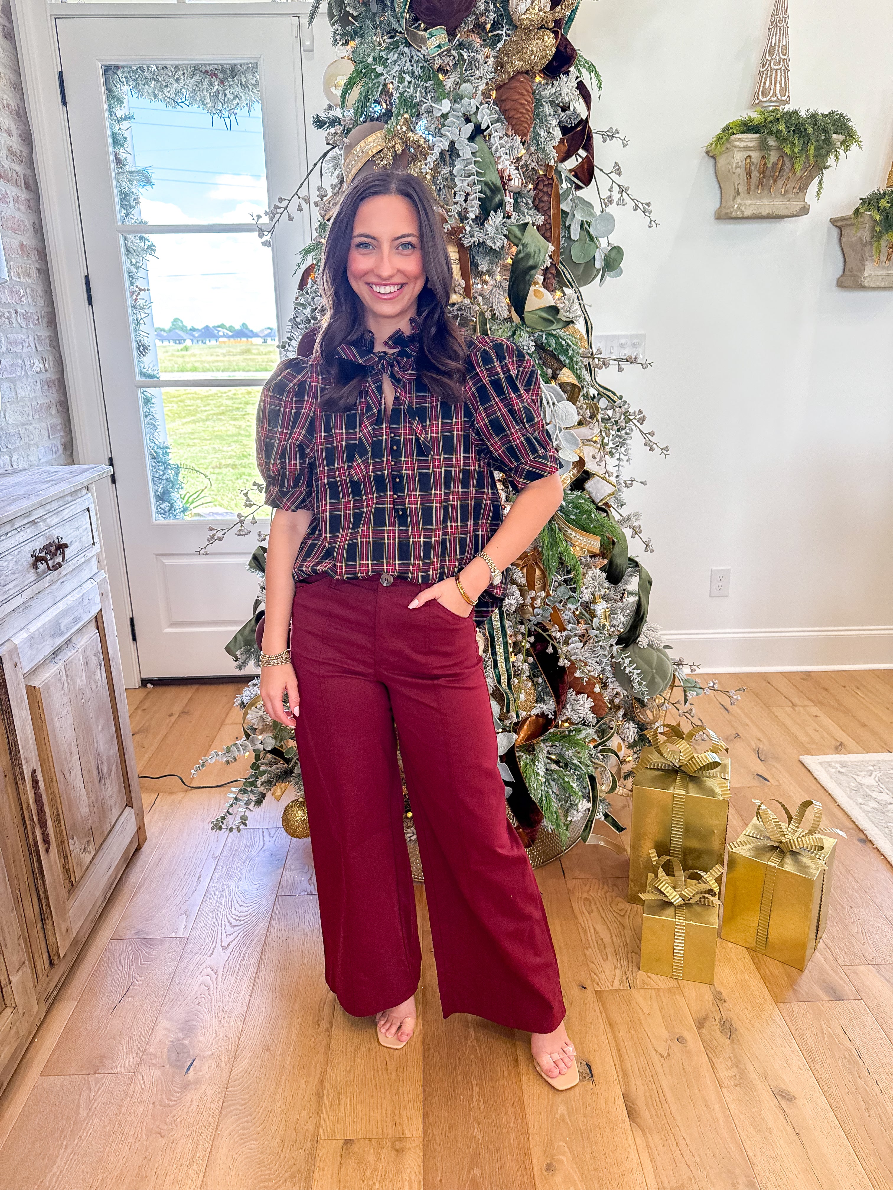 Scarlett Plaid Puff Sleeve Top Navy