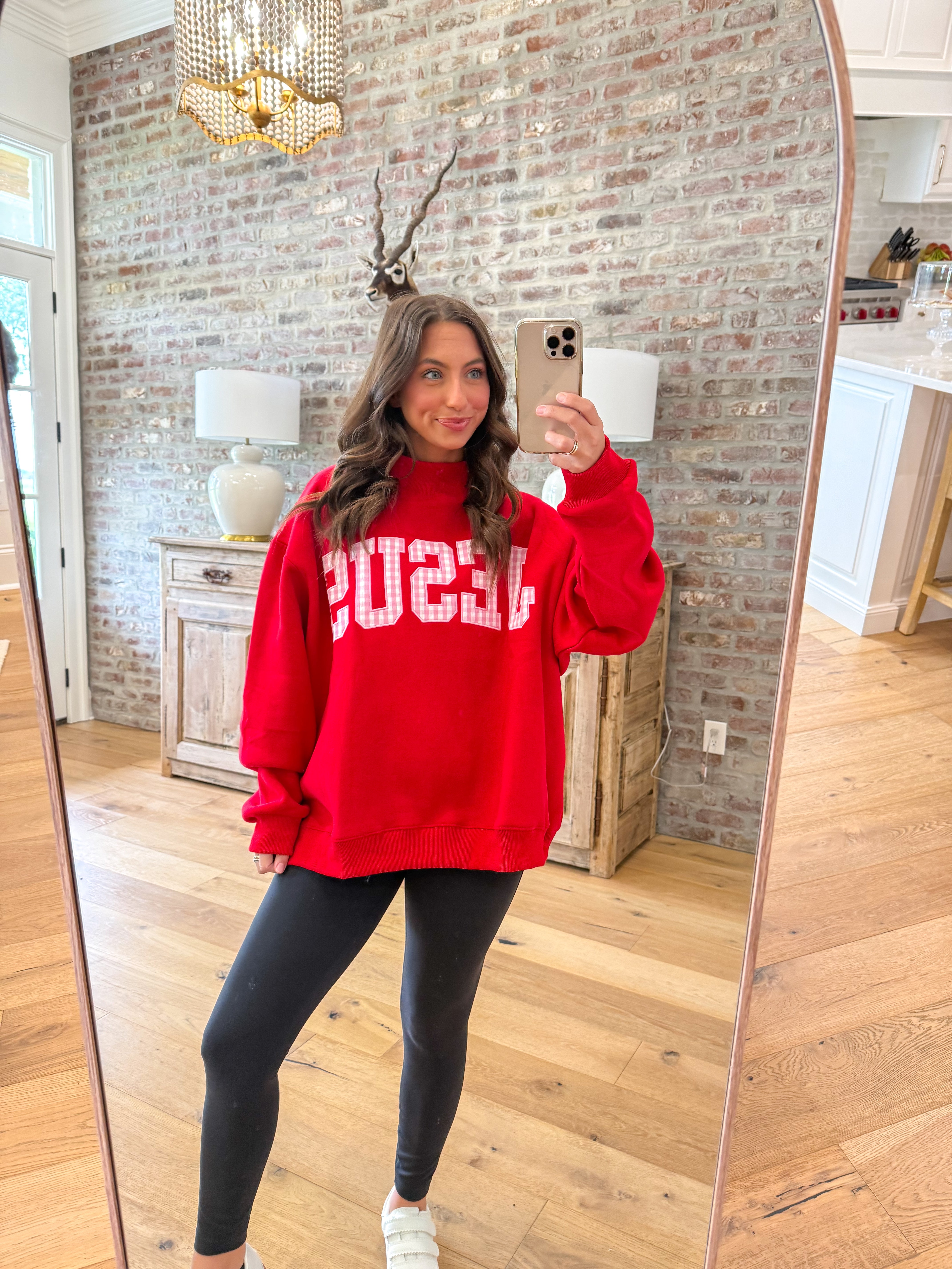 Gingham Jesus Mock Neck Sweatshirt in Red