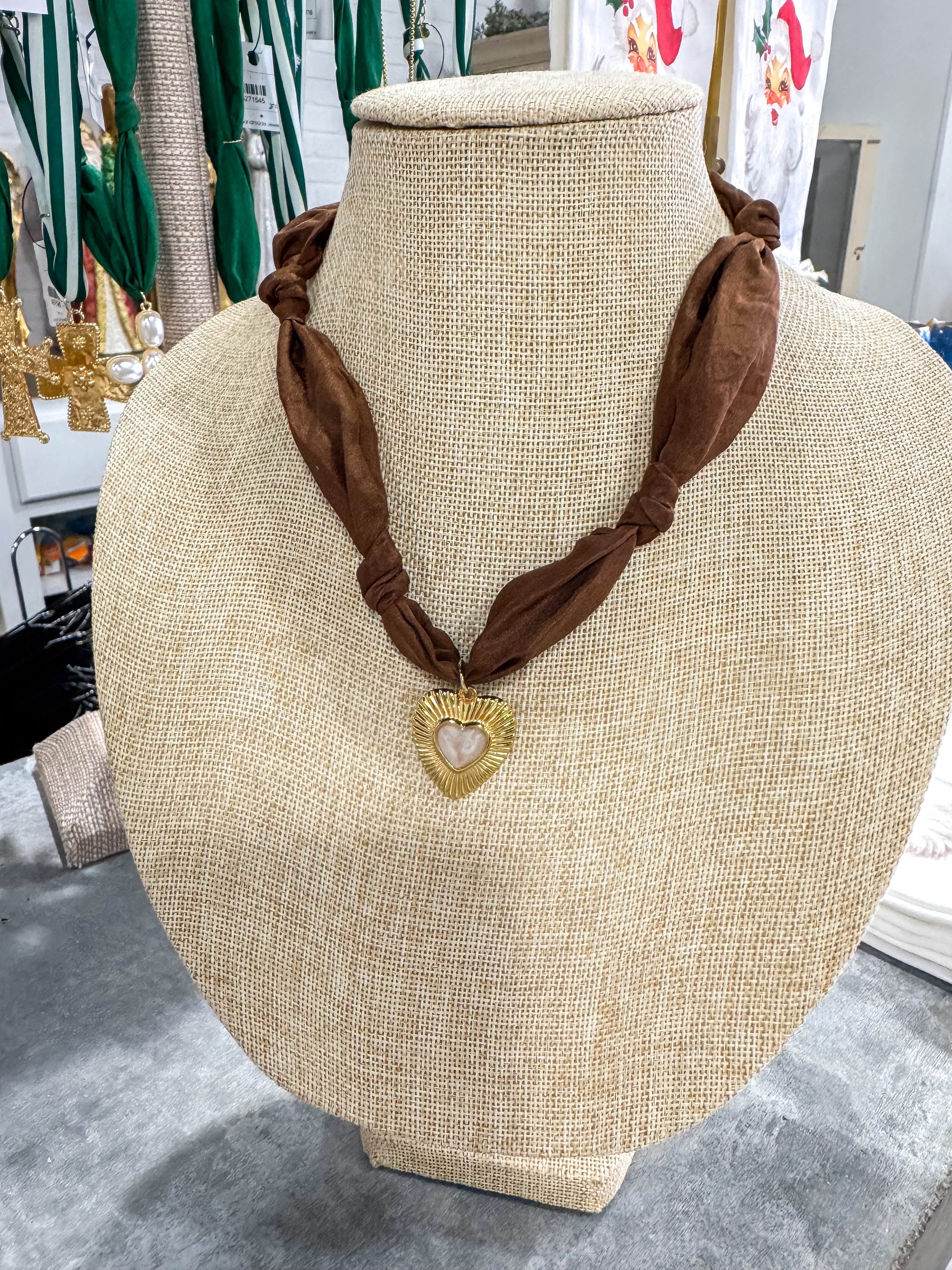 Brown Small Heart Scarf Necklace