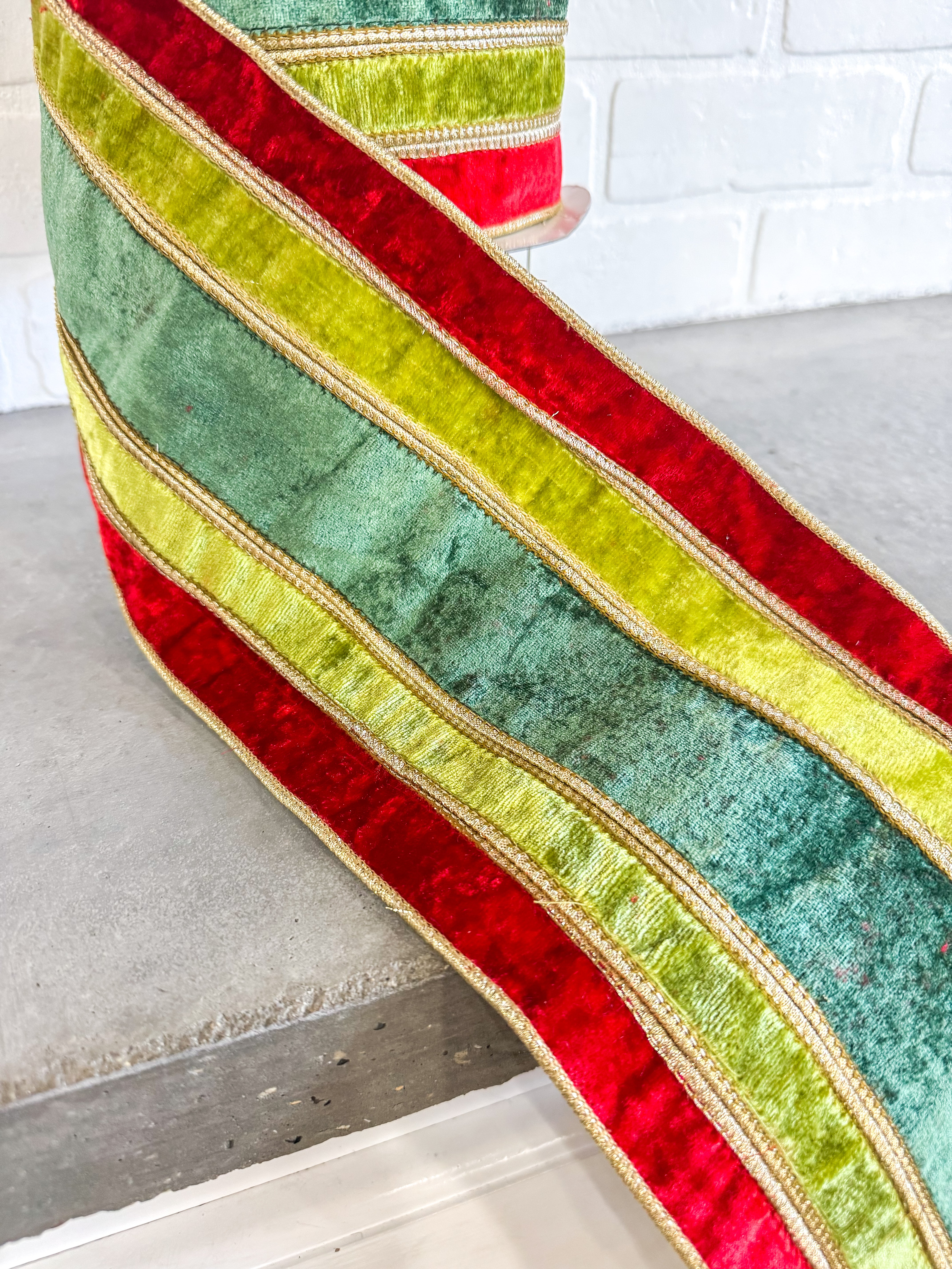 Red/Apple/Green Velvet Stripe Metallic Dupion DBL Fused- 6x10yd