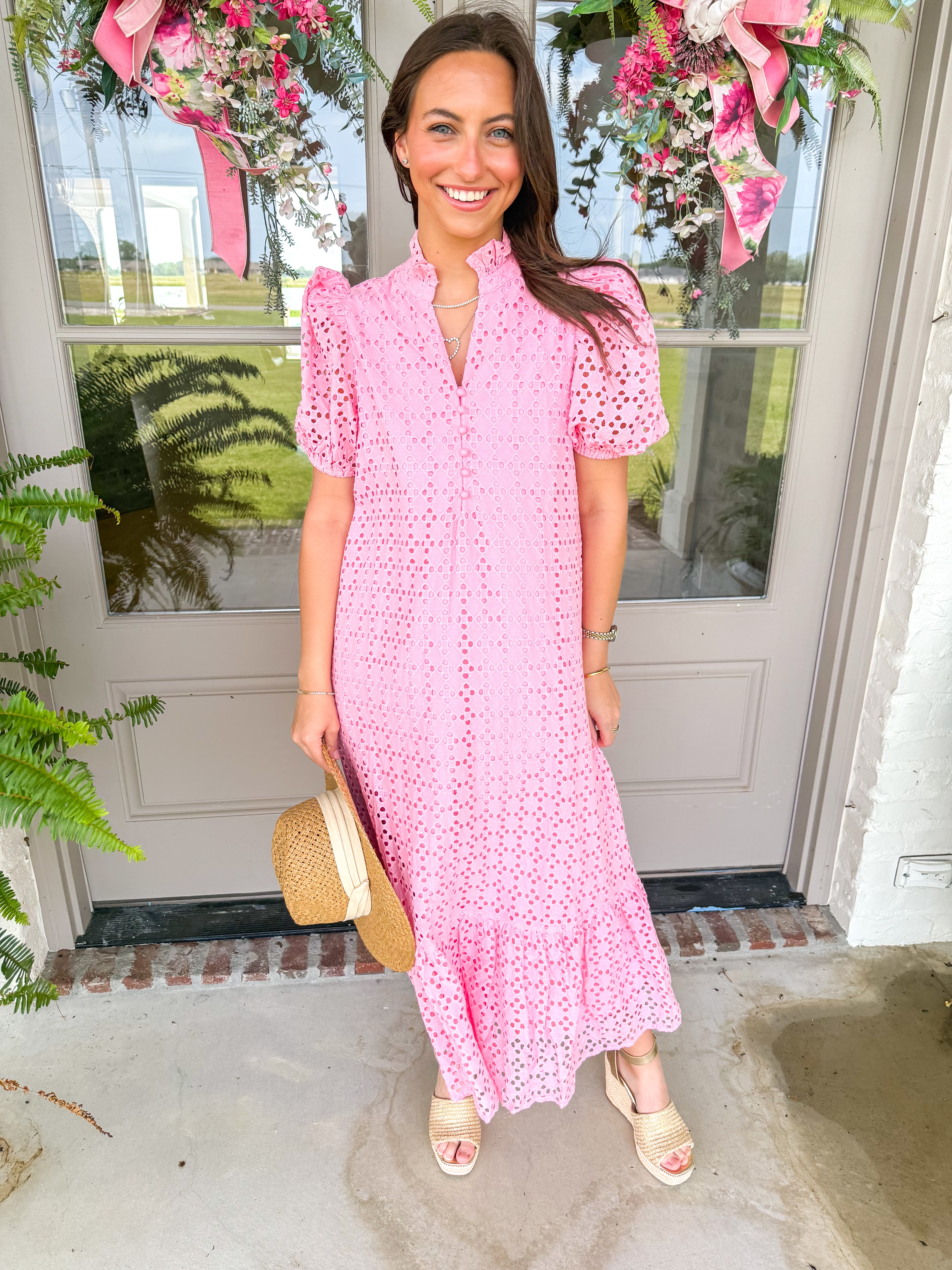 Evelyn Pink Eyelet Midi Dress