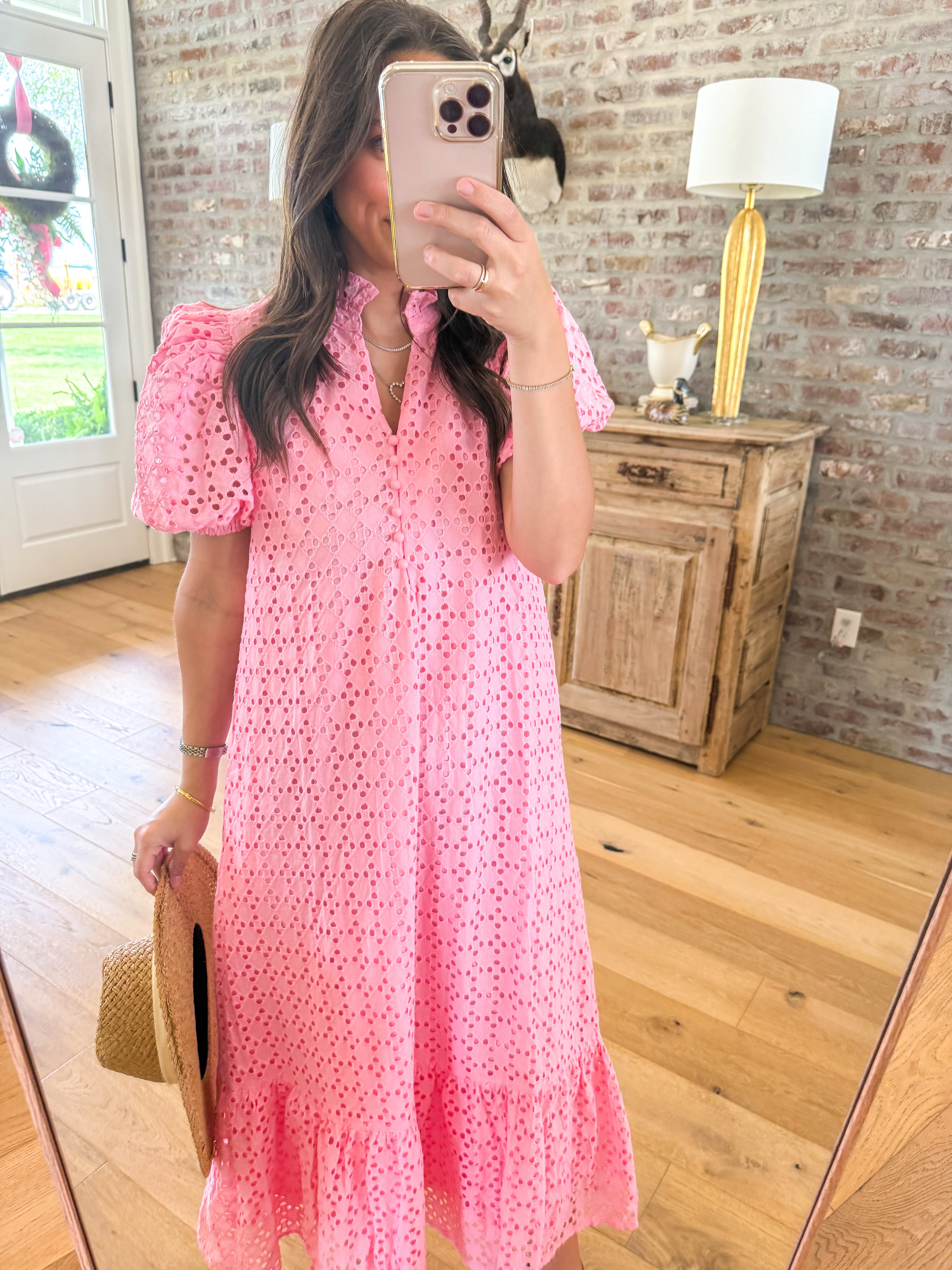 Evelyn Pink Eyelet Midi Dress