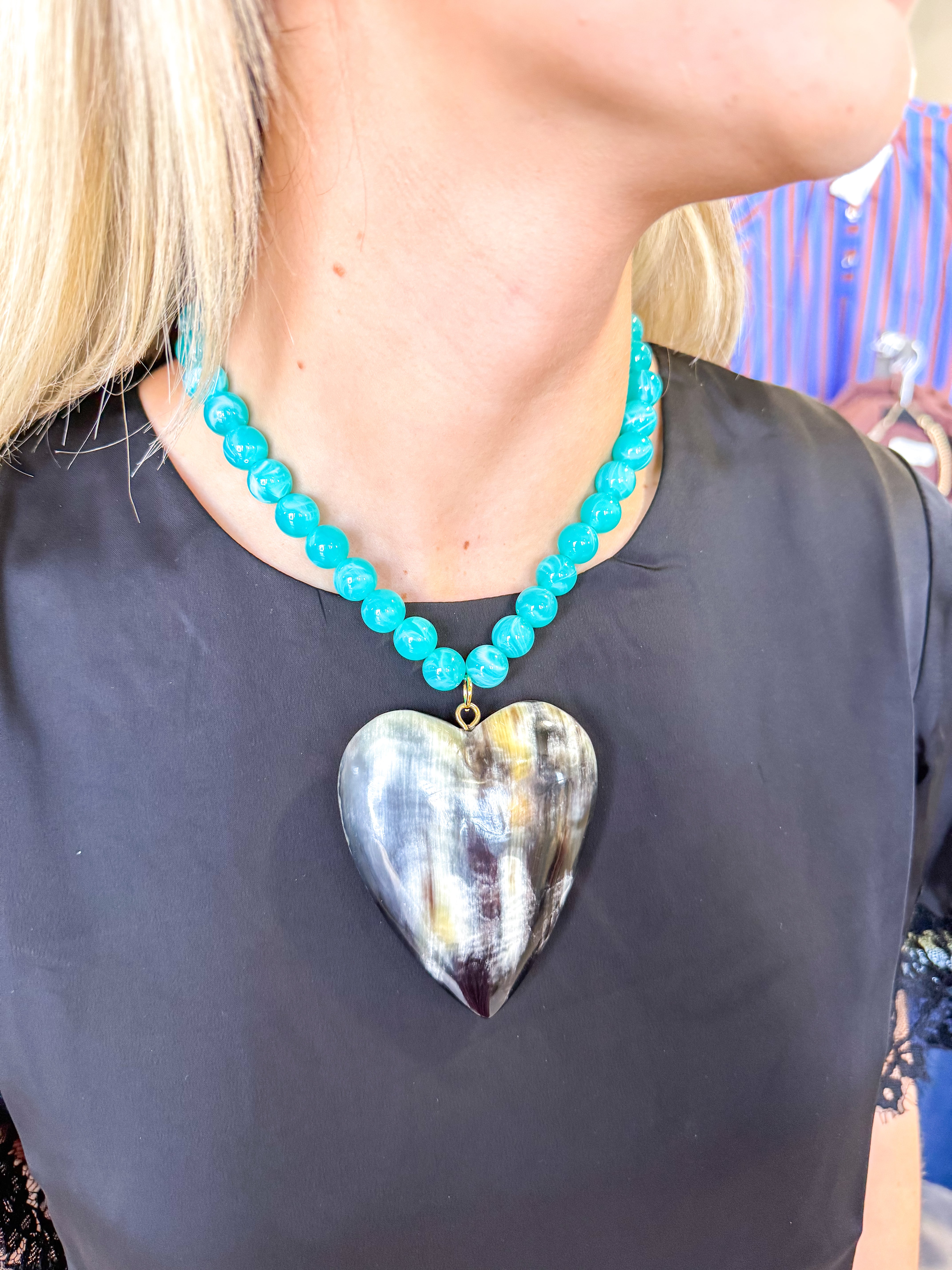 Large Black Ombre Heart Turquoise Beaded Necklace