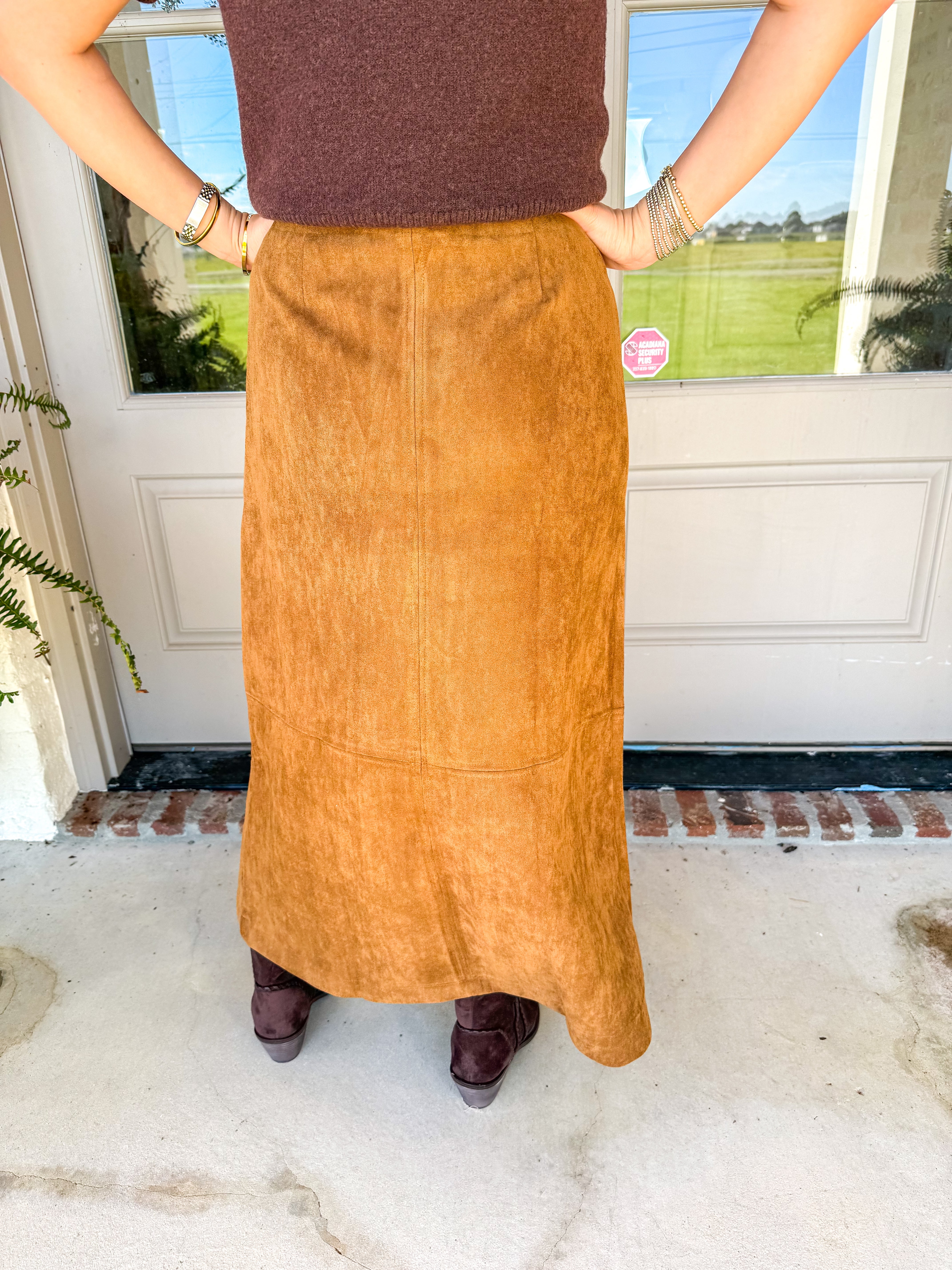 Camel Suede Midi Skirt with Front Slit