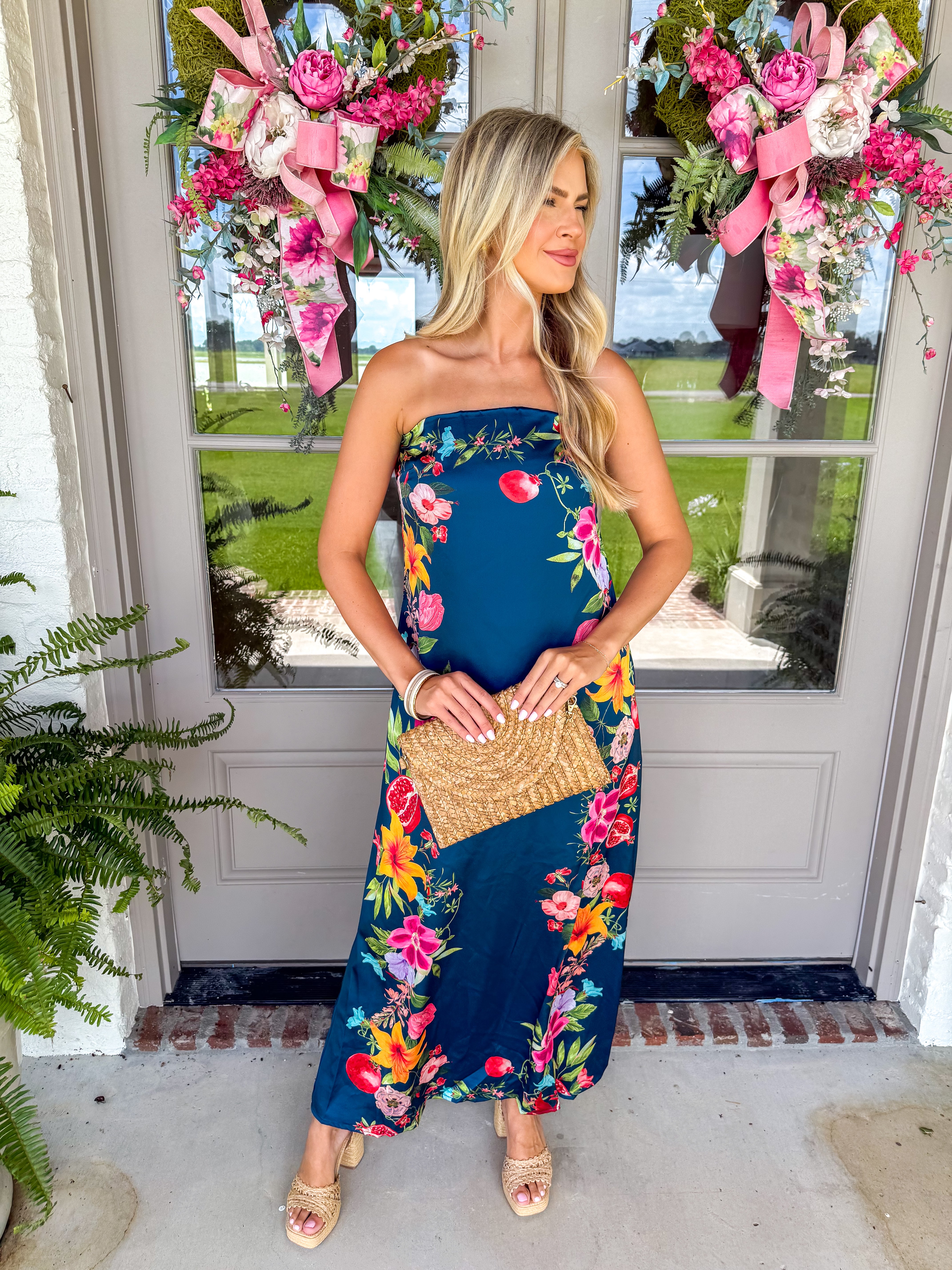 Botanical Border Print Strapless Maxi Dress