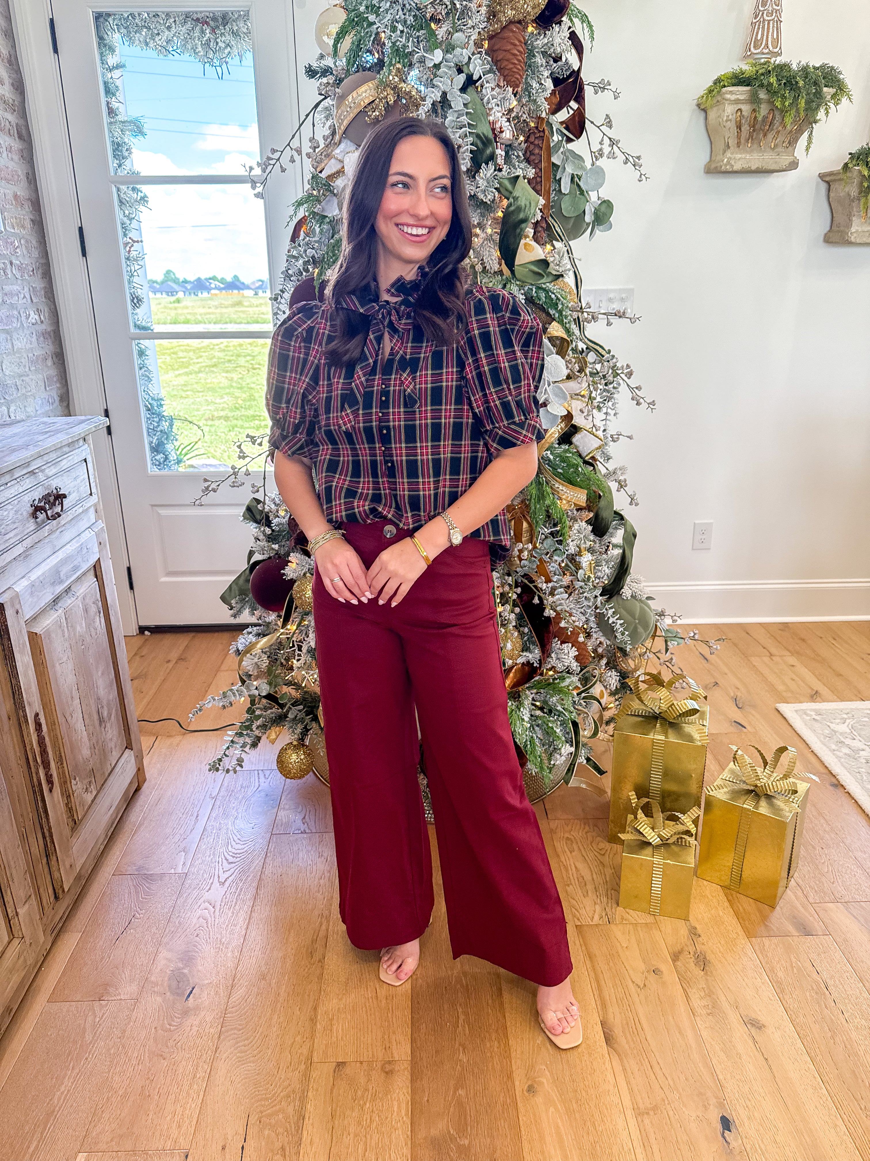 Scarlett Plaid Puff Sleeve Top Navy