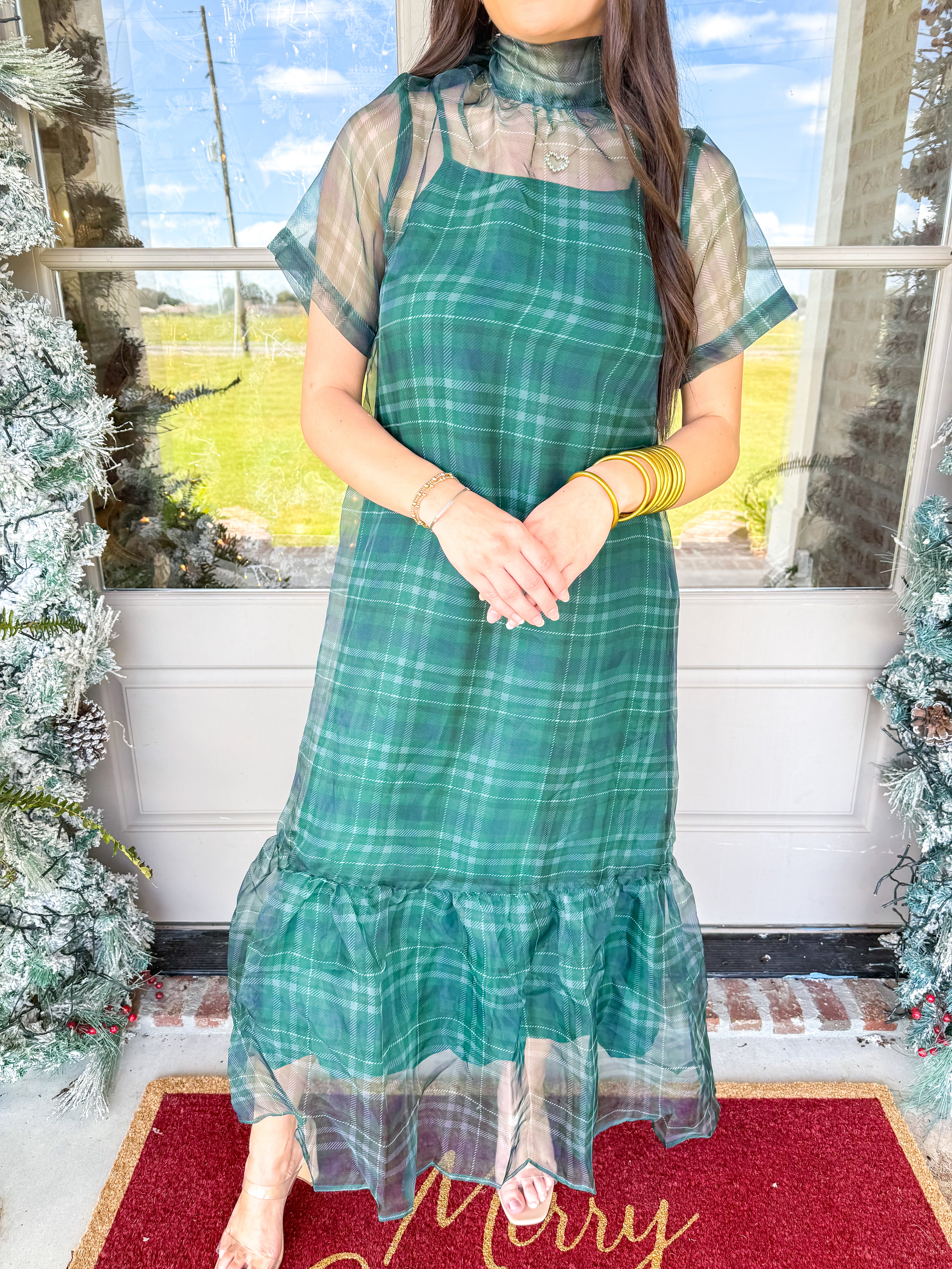 Green Plaid Organza Midi Dress