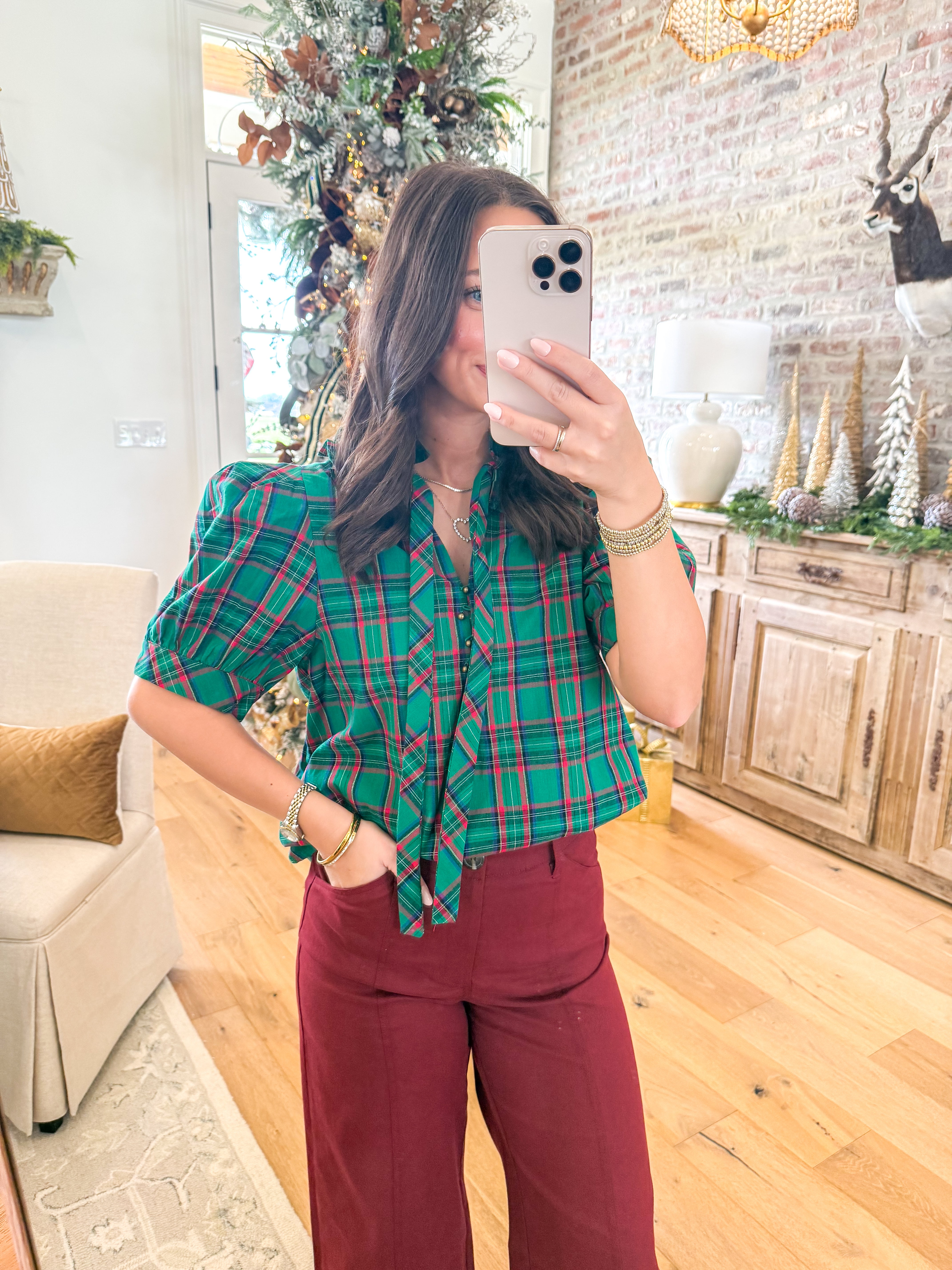 Scarlett Plaid Puff Sleeve Top Green
