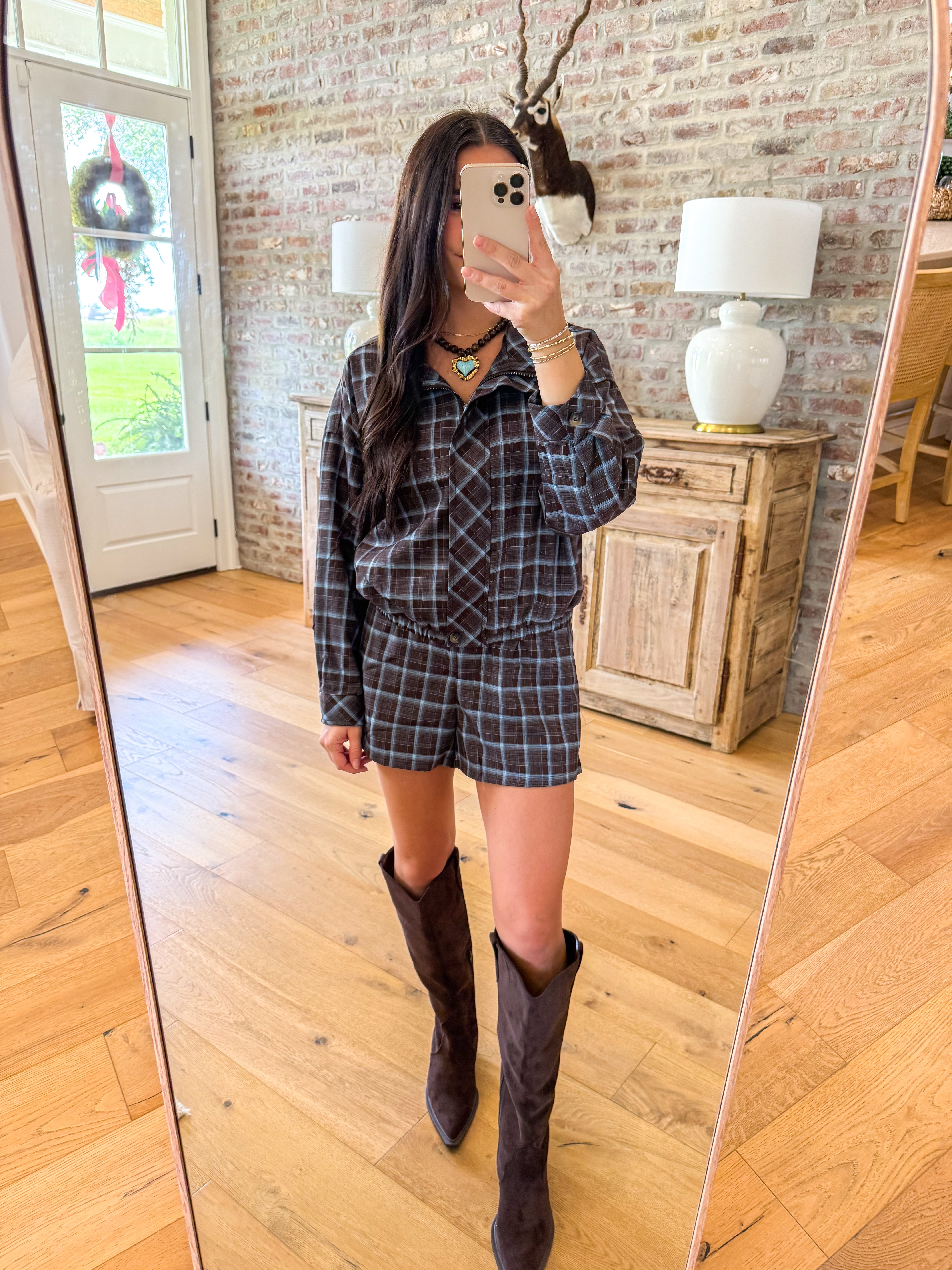 Baby Blue/Brown Plaid Zip-Up Shacket
