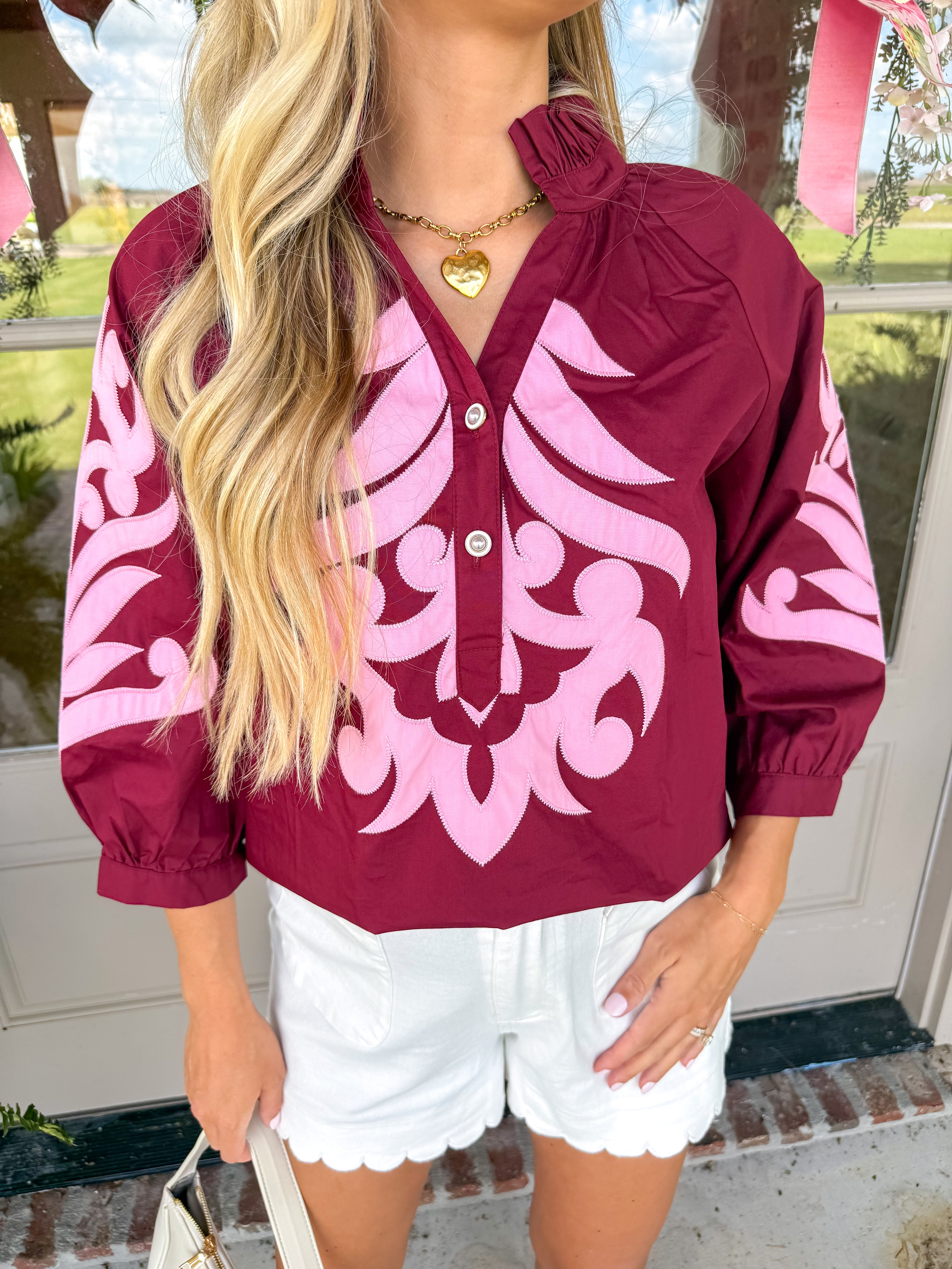 Burgundy Baroque Appliqué Blouse