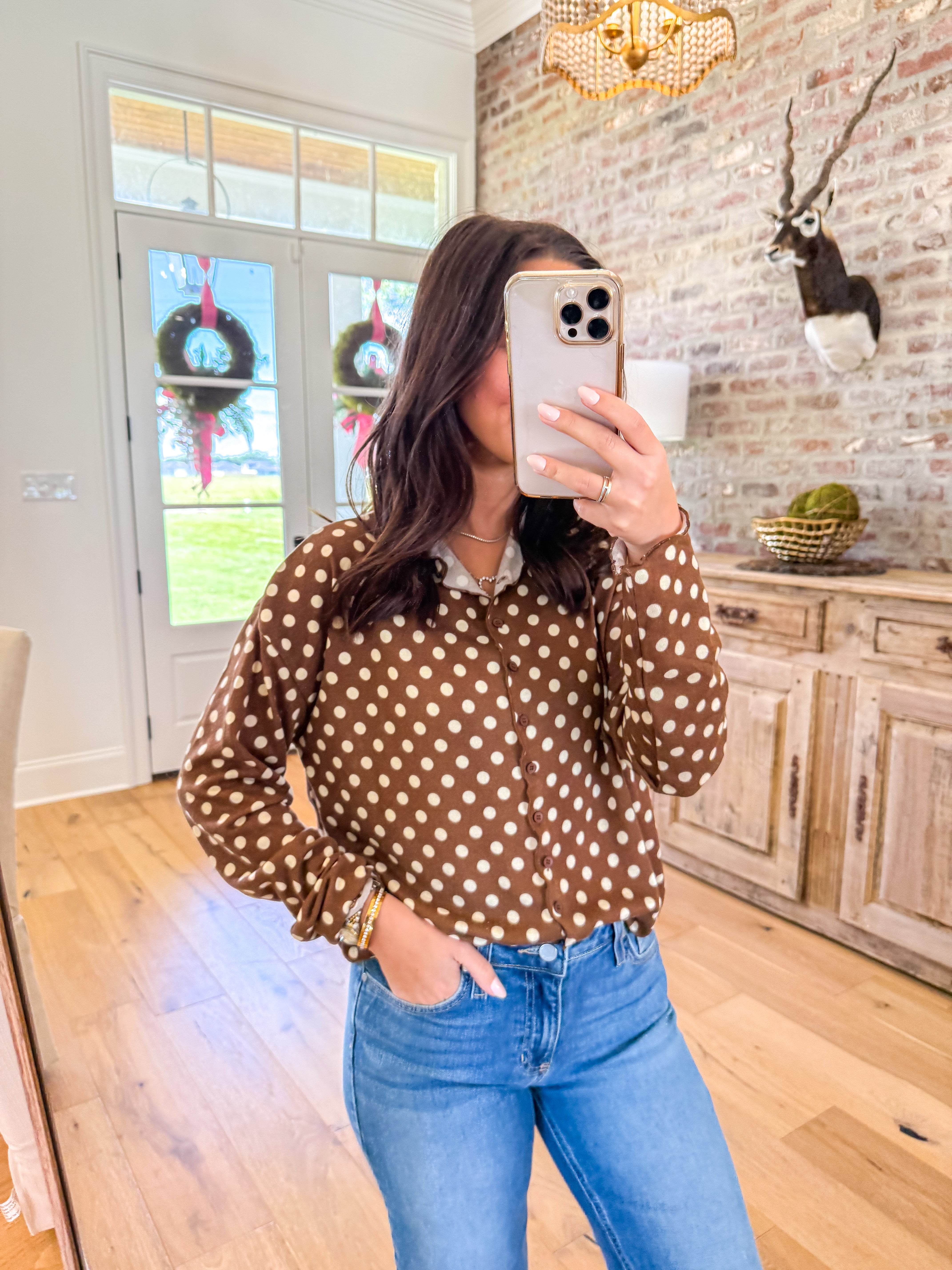 Brown Sugar Polka Dot Button-Up Top