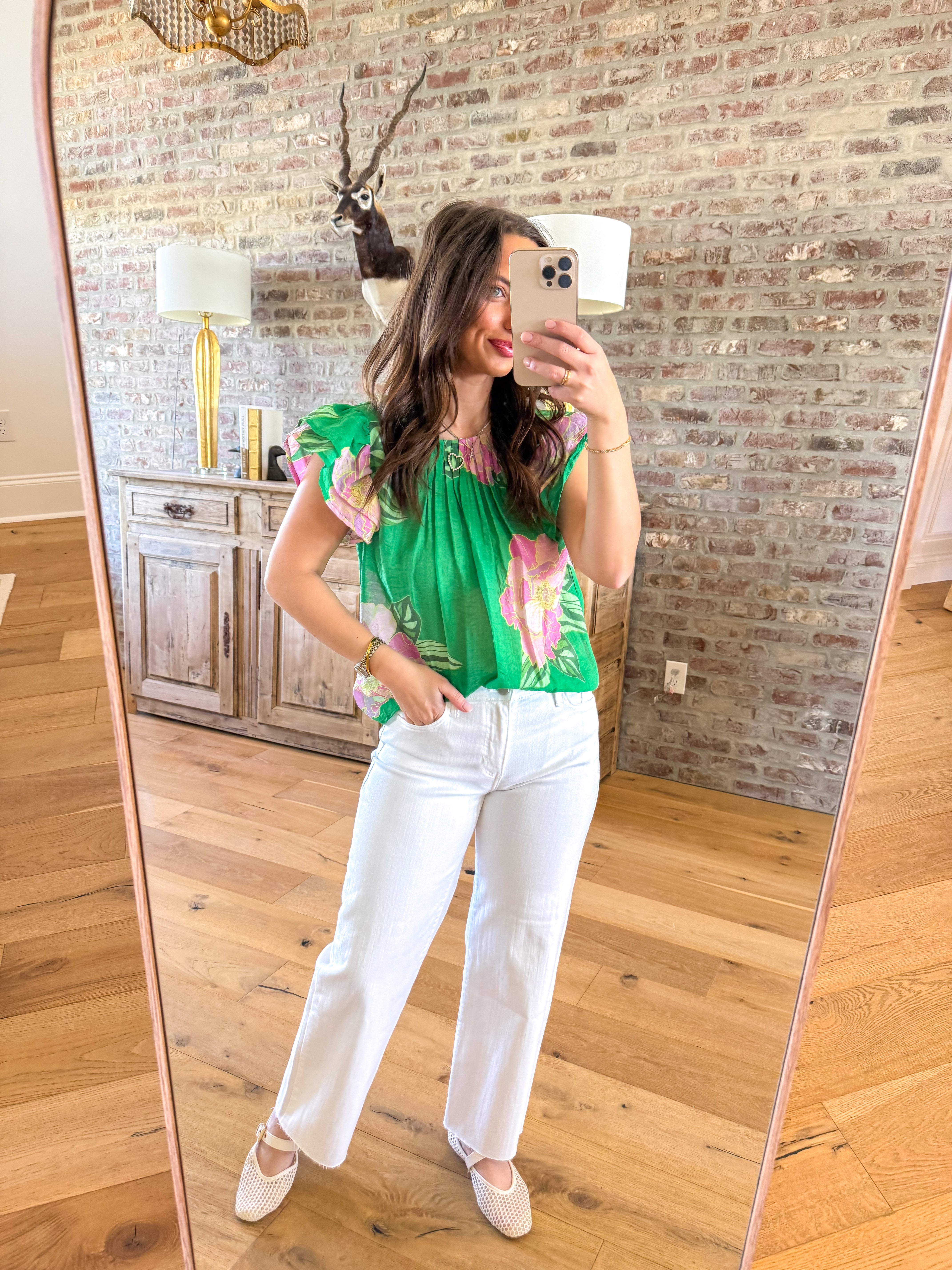 Green Floral Flutter Sleeve Top