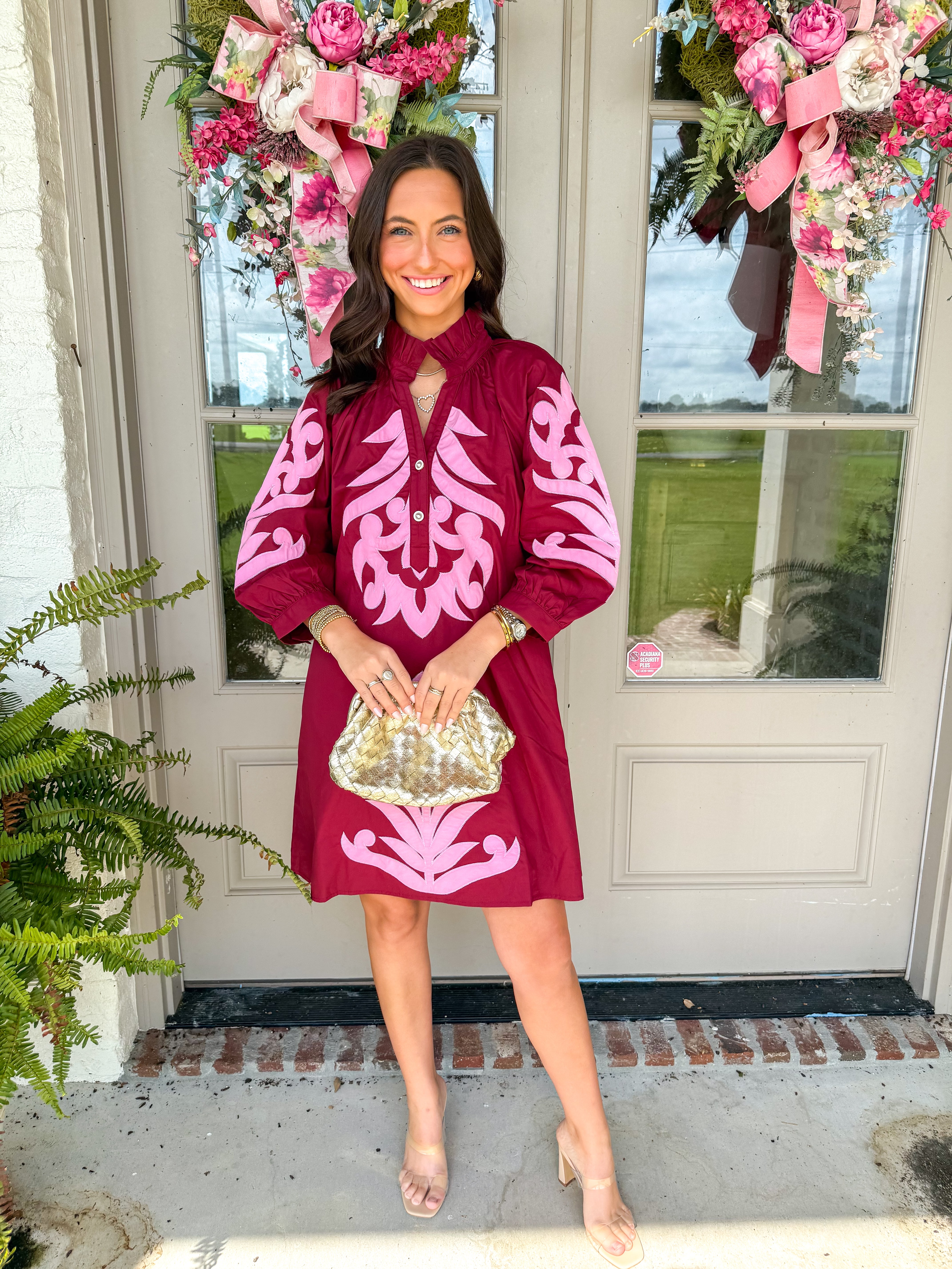 Baroque Bloom Appliqué Shift Dress Burgundy