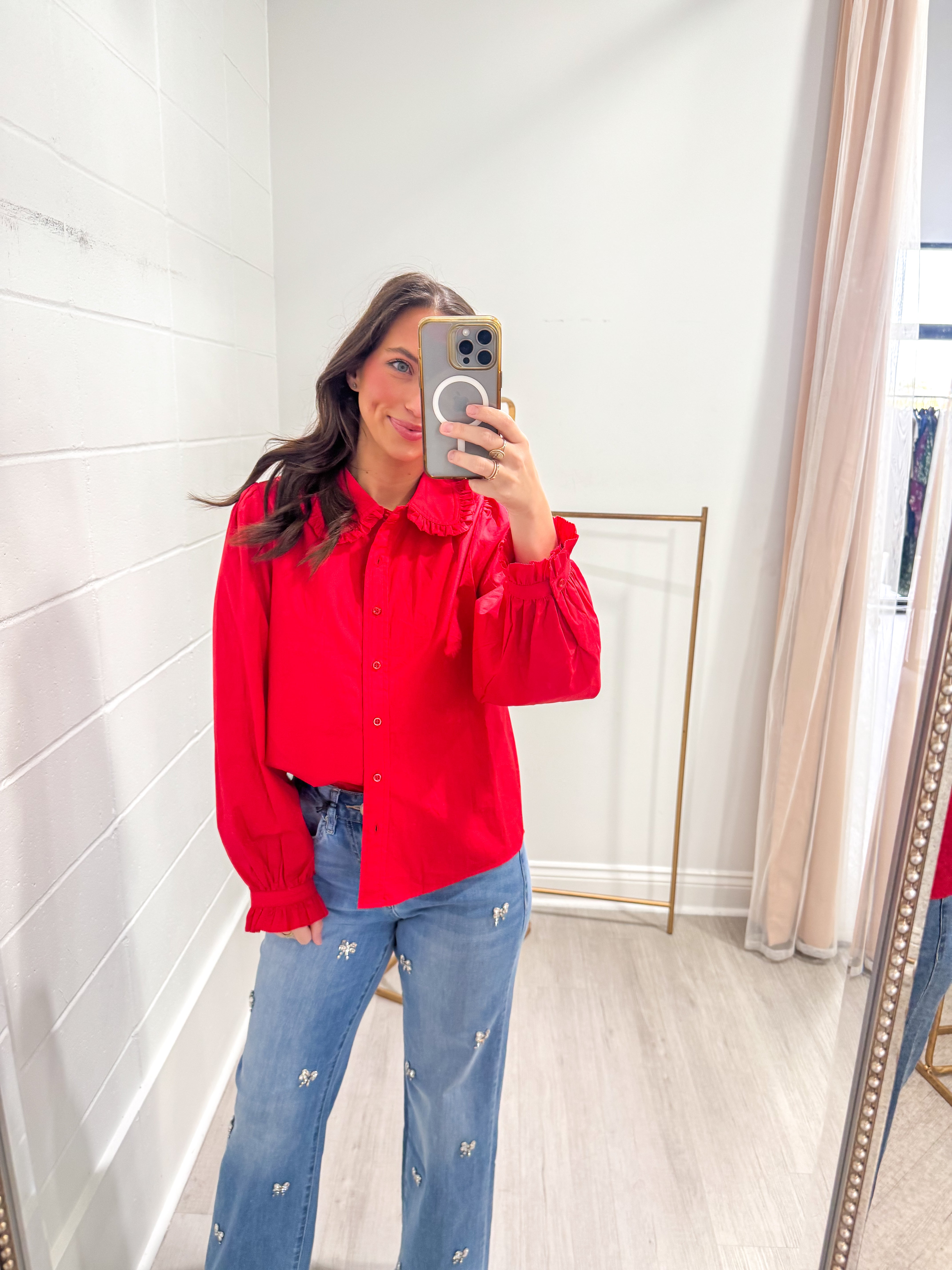 Cajun Red Ruffle Accent Poplin Top