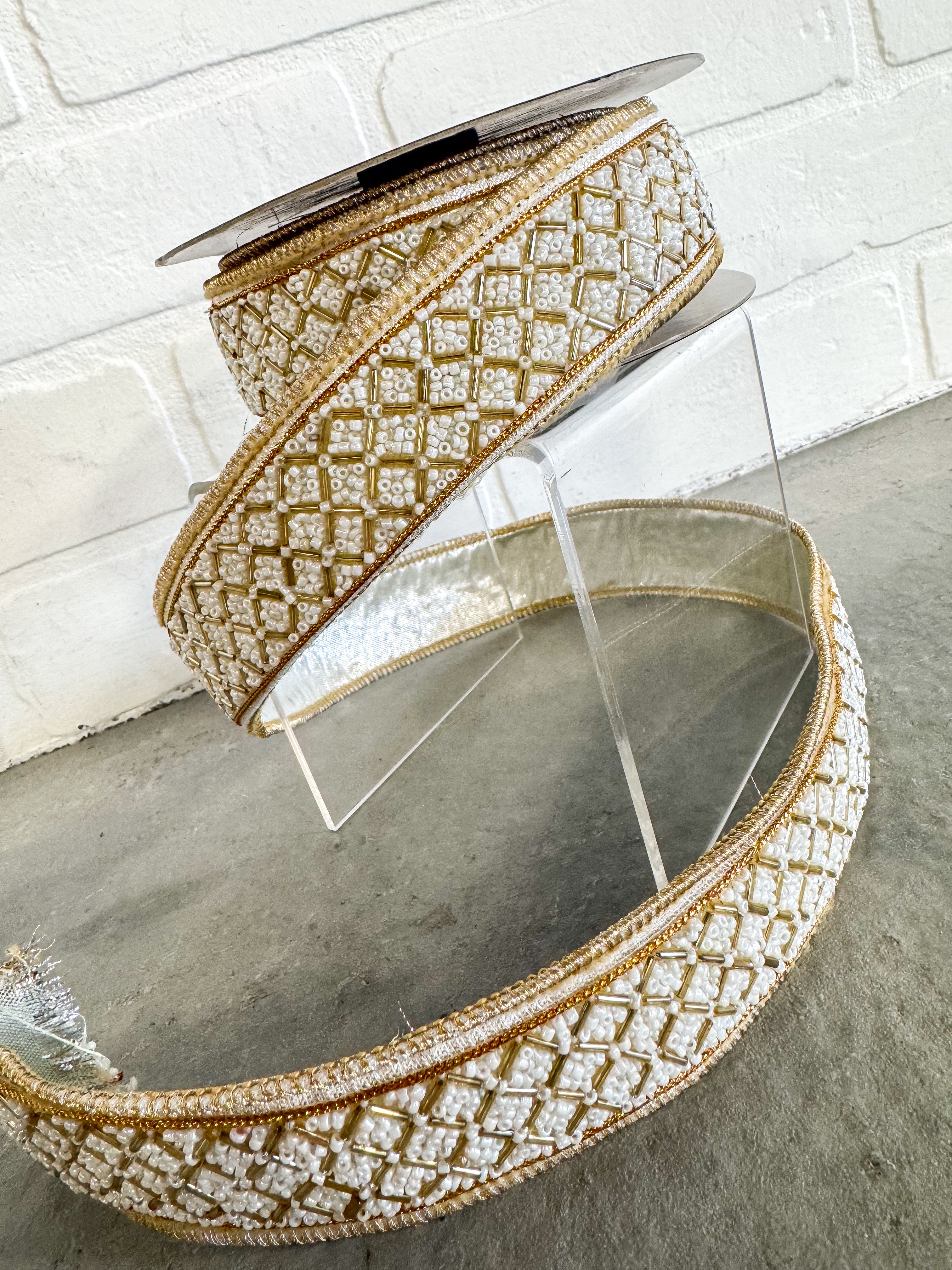 John Mark Ribbon Beaded Trim Metallic Dupion Ivory/Gold -1/5x10yd