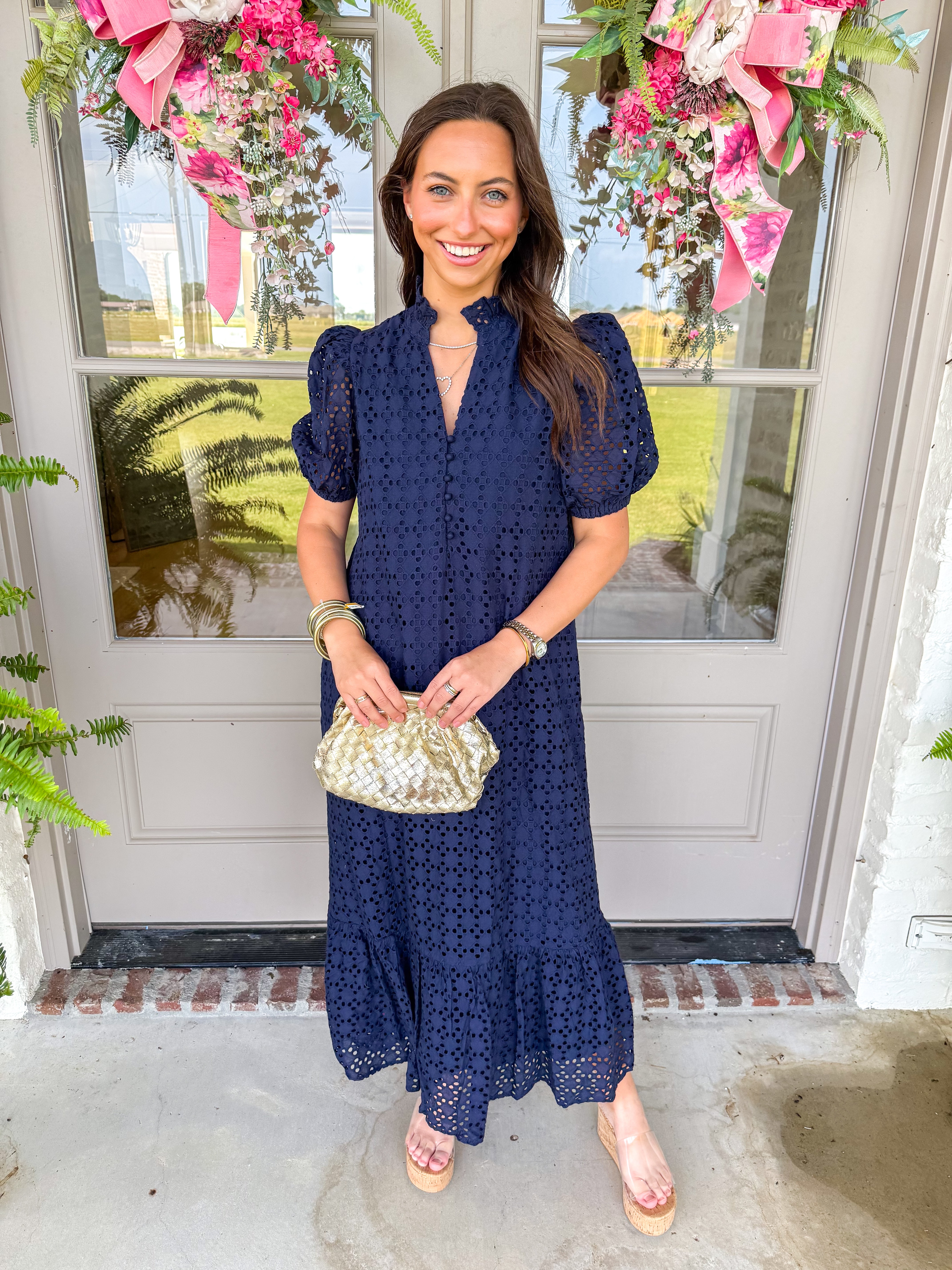 Evelyn Navy Eyelet Midi