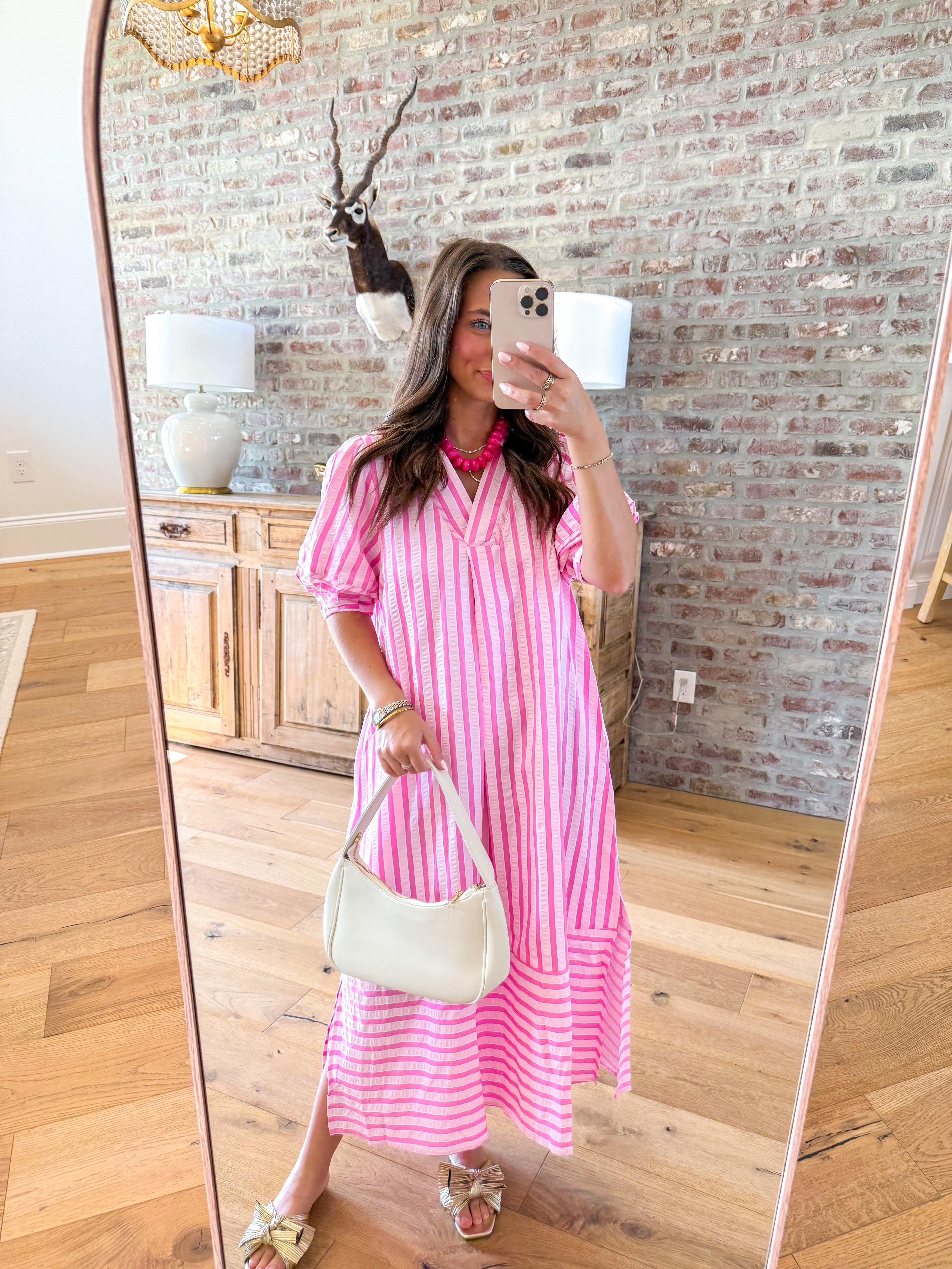 Coastal Stripe Puff Sleeve Midi Peony