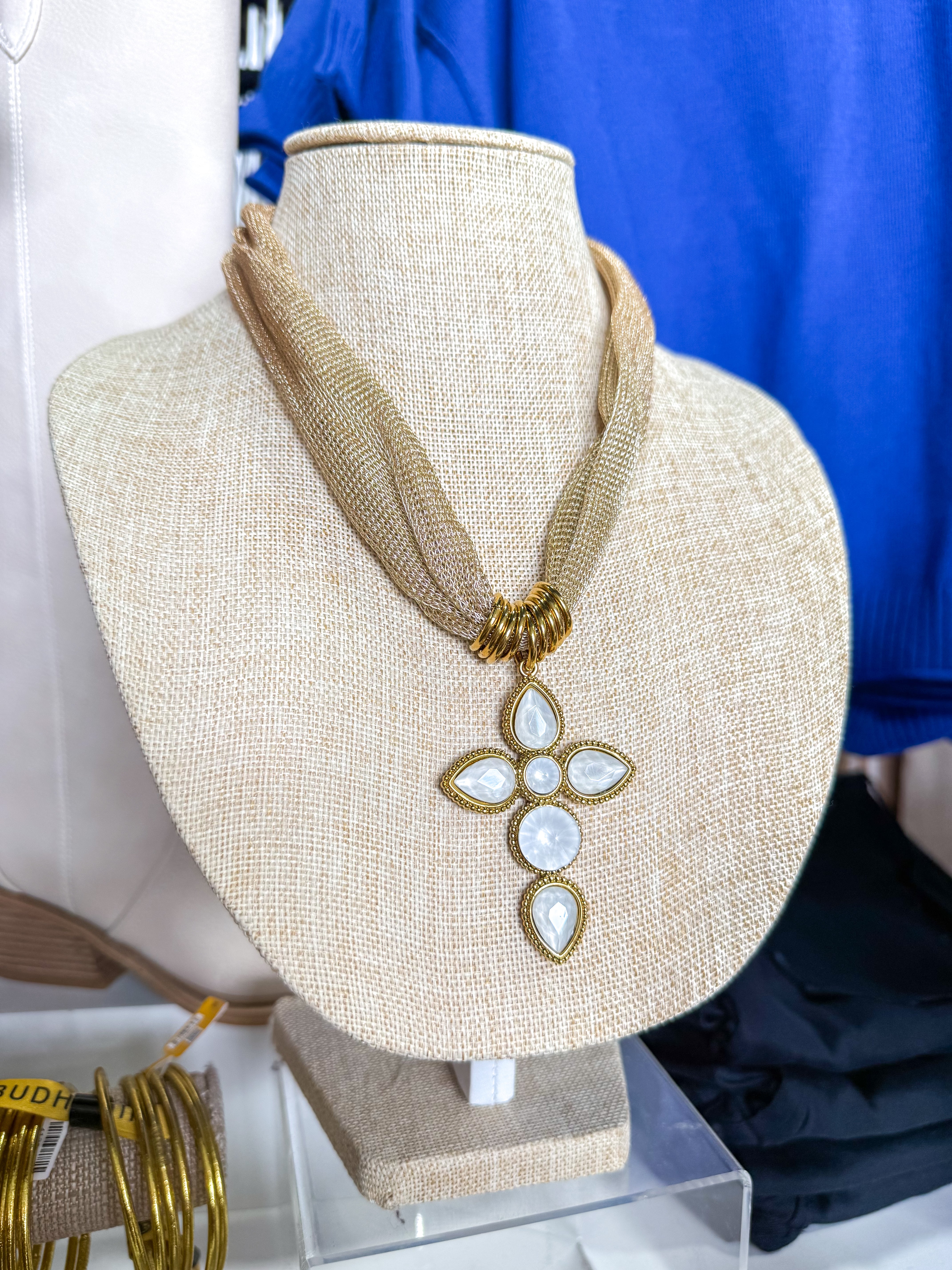 Iridescent White Cross On Gold Necklace