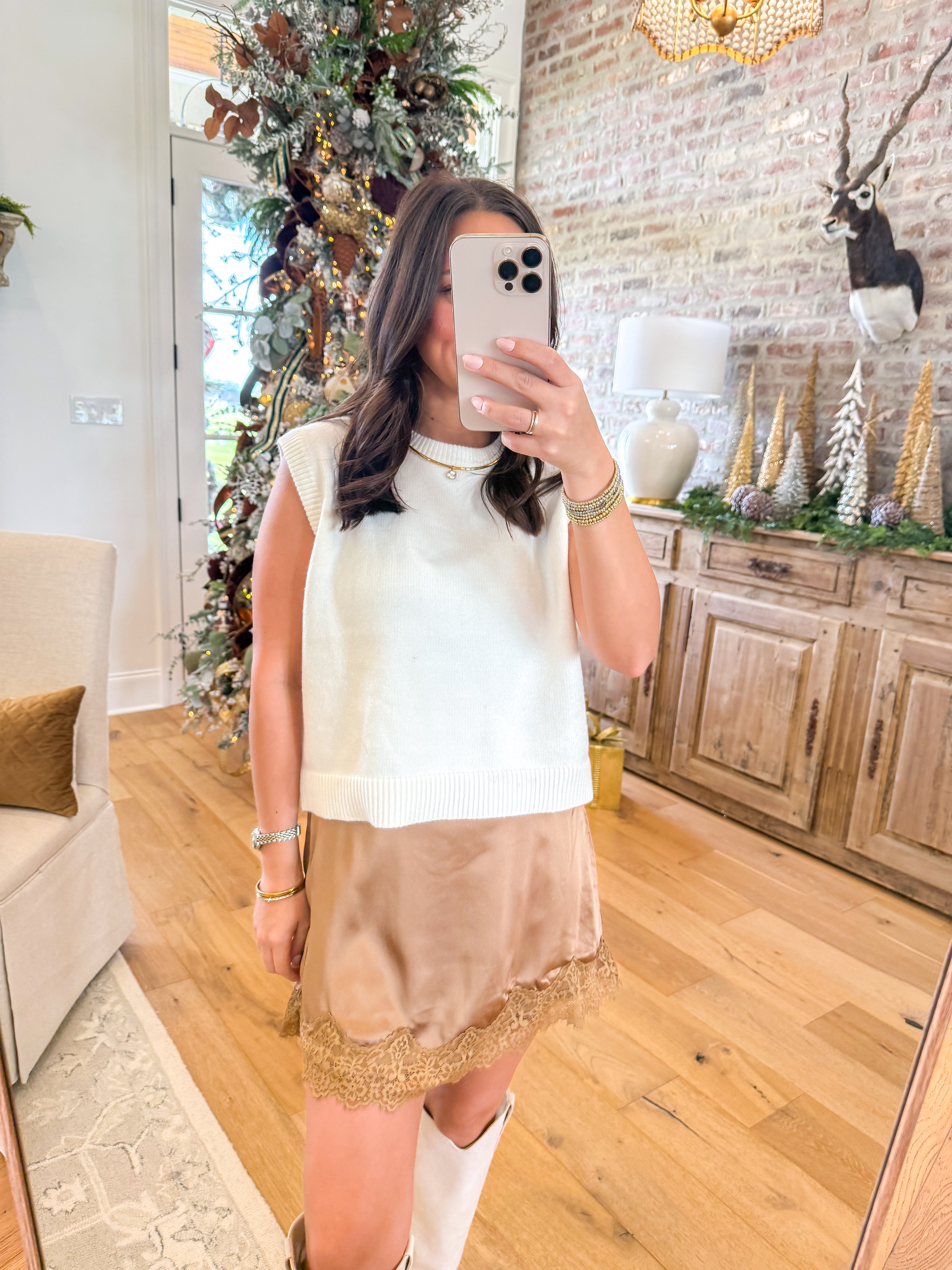 Tan Lace-Trim Mini Skirt