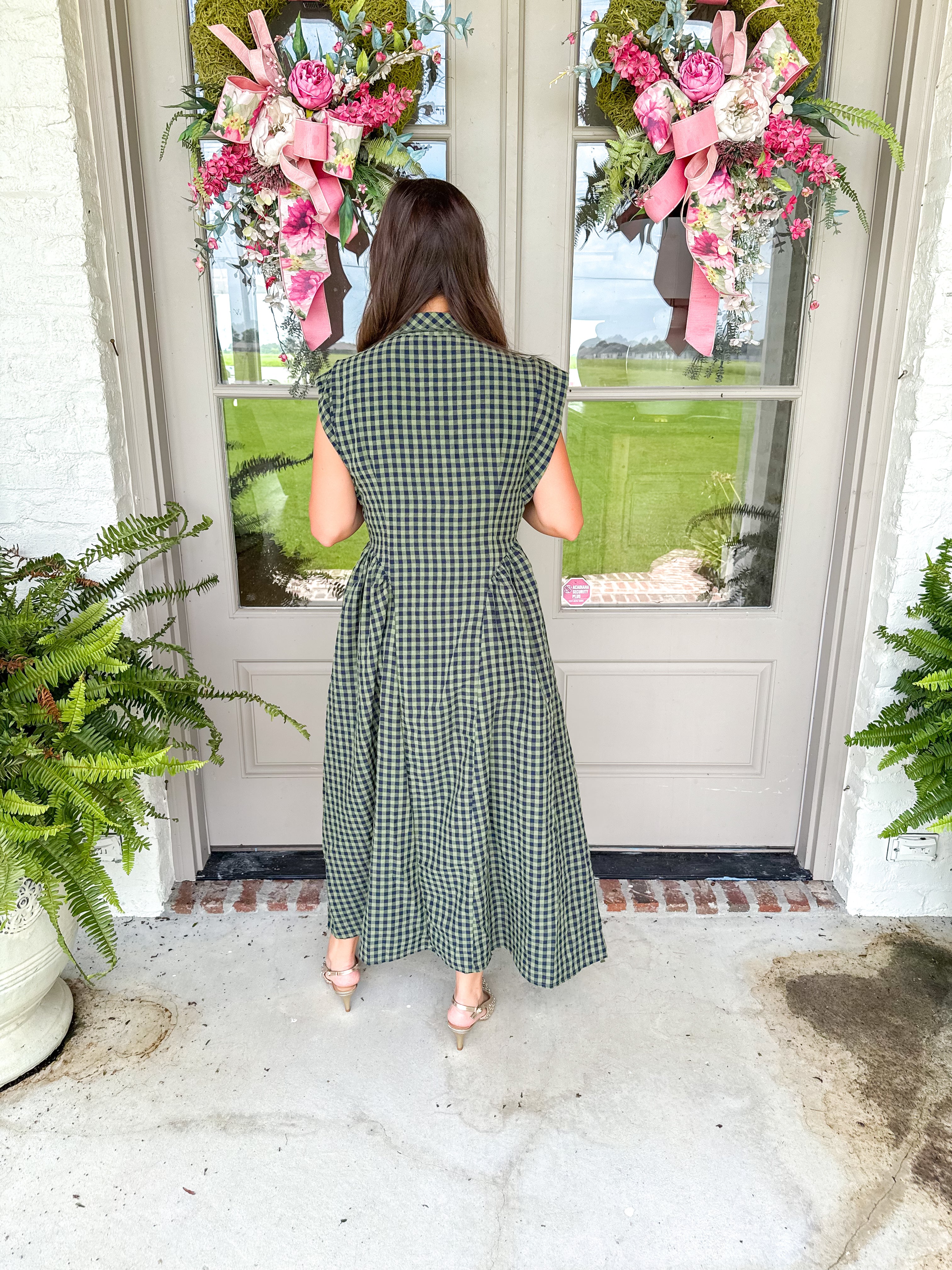Magnolia Gingham Midi Dress Olive