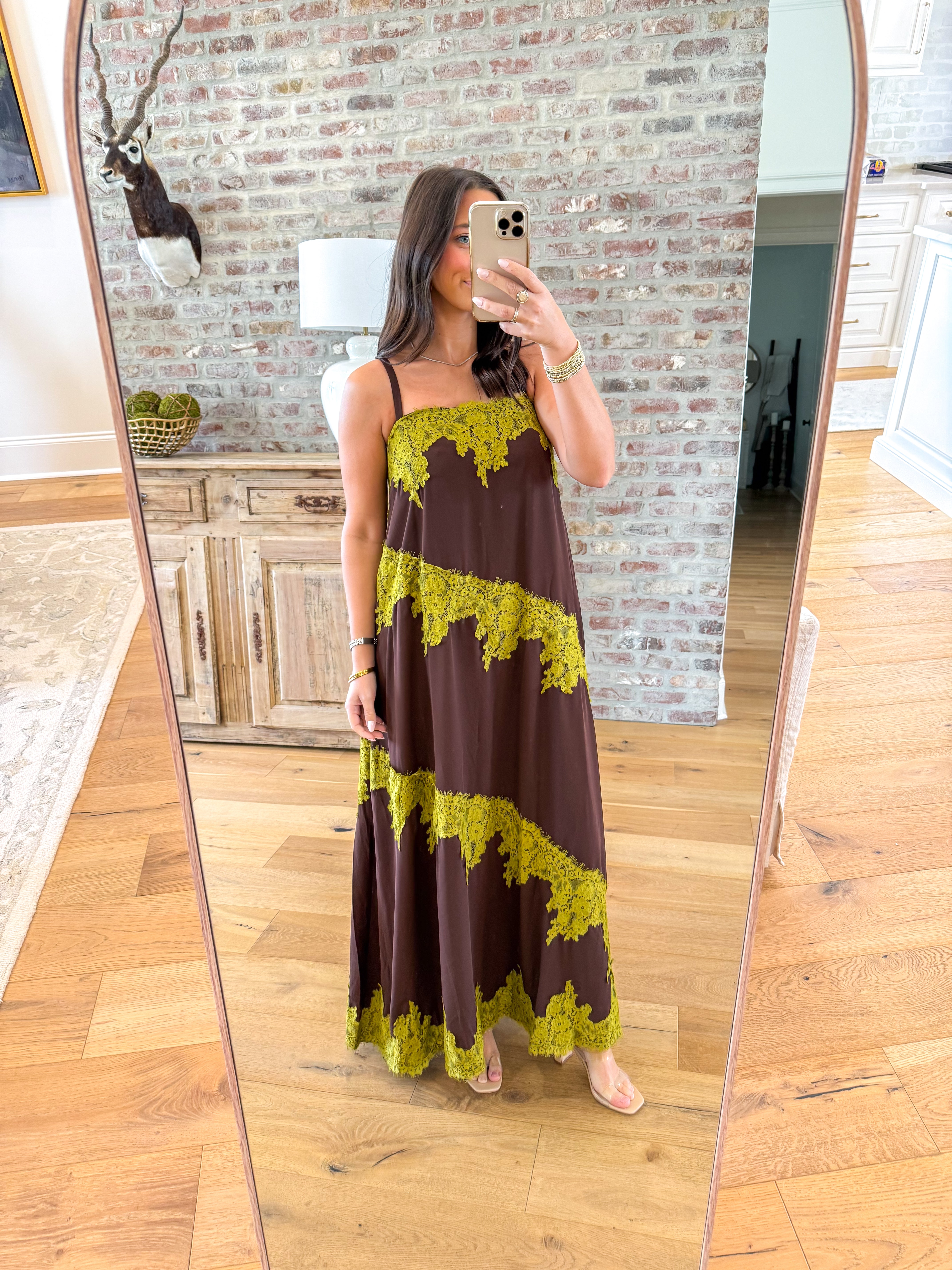 Chocolate & Chartreuse Lace Maxi Dress