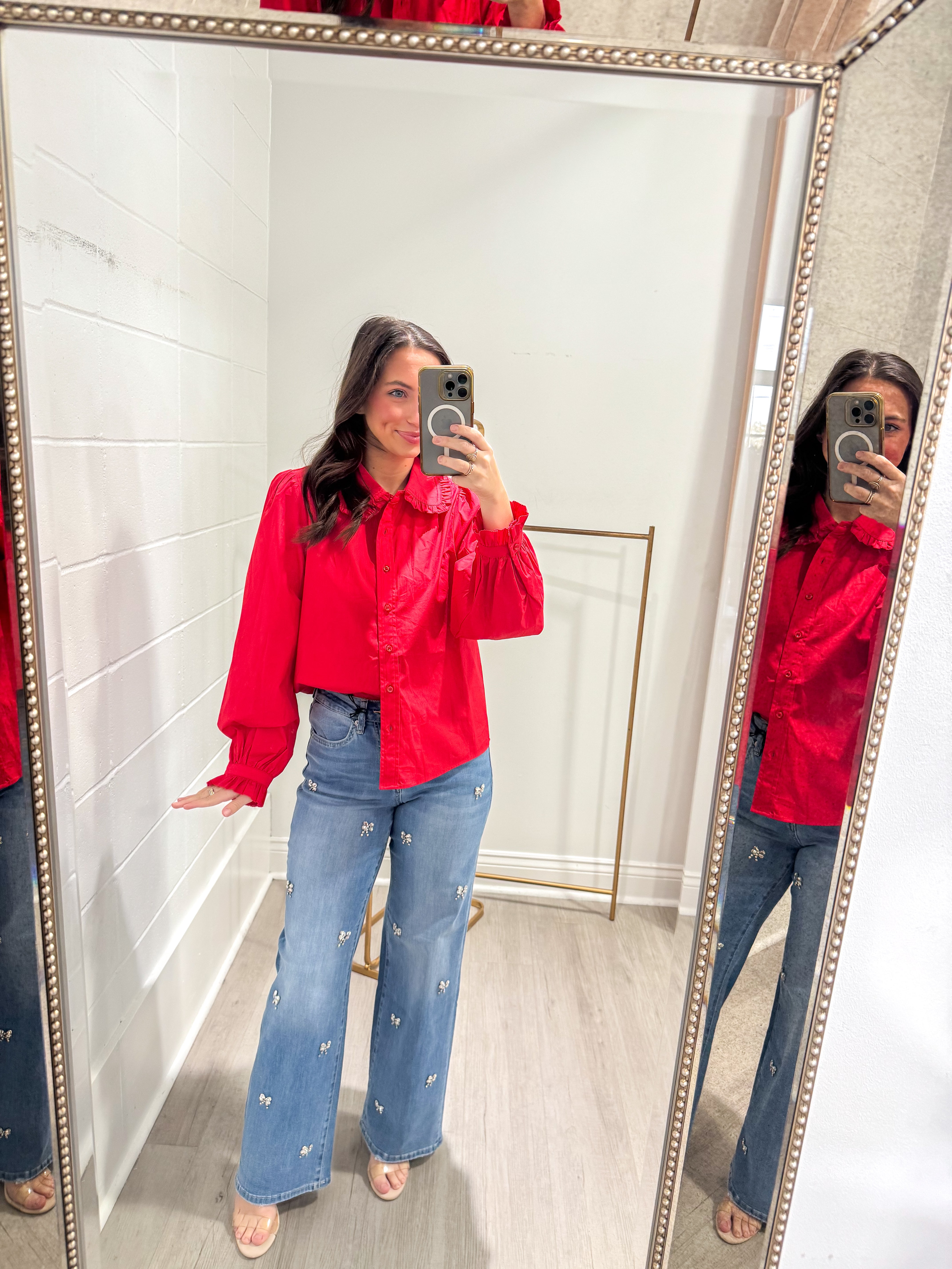 Cajun Red Ruffle Accent Poplin Top