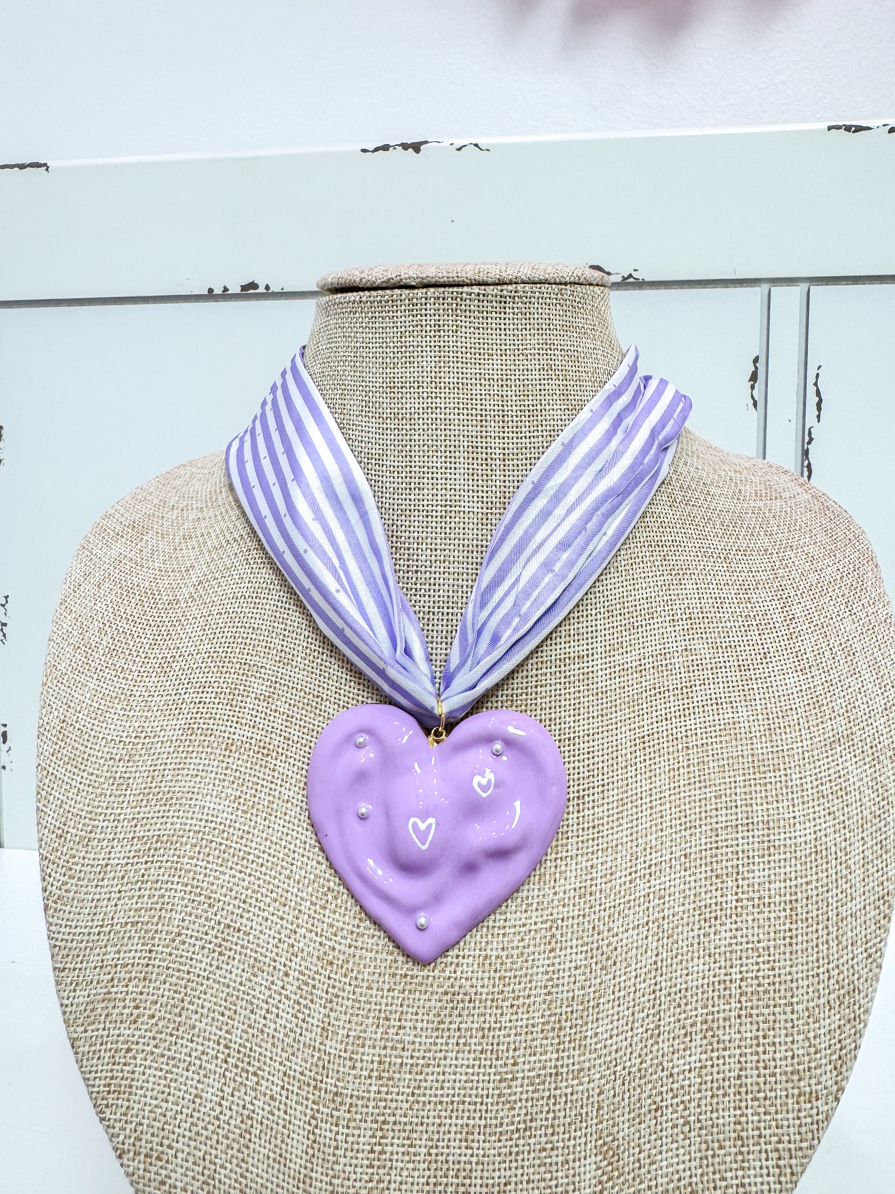 Purple Striped Acrylic Heart Scarf Necklace