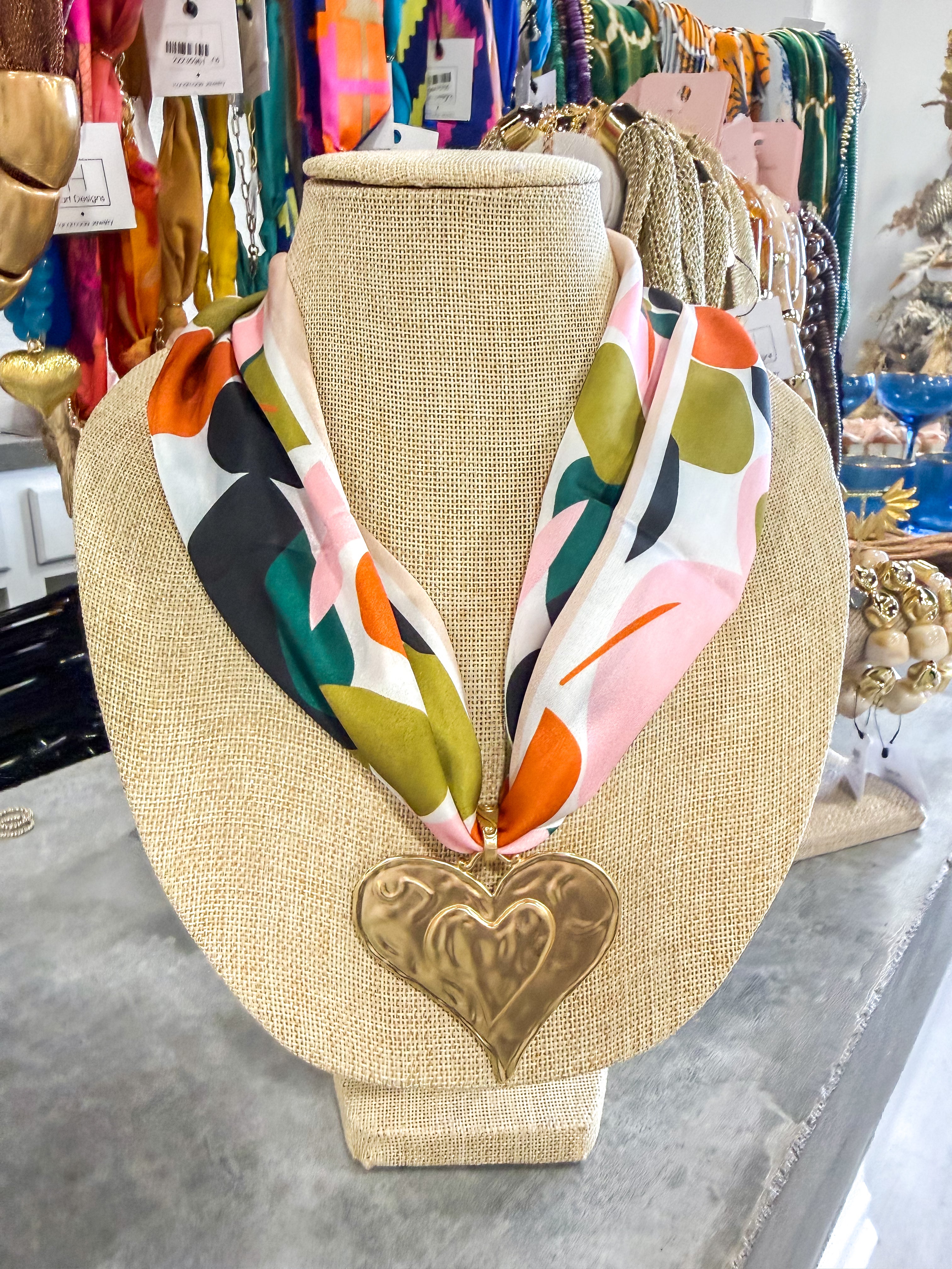 Large Heart Abstract Colorful Scarf Necklace