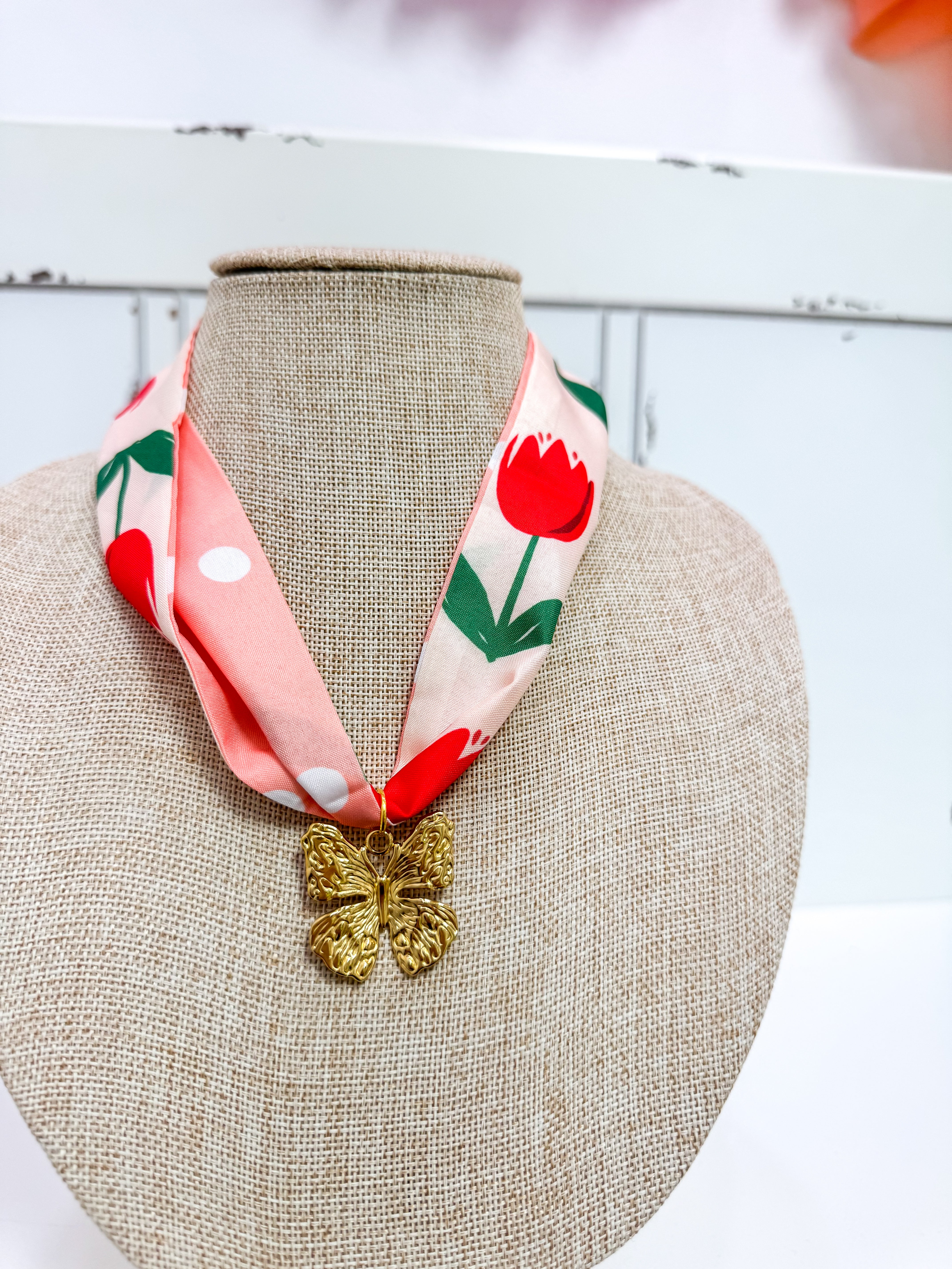 Rose Bud Gold Butterfly Scarf Necklace