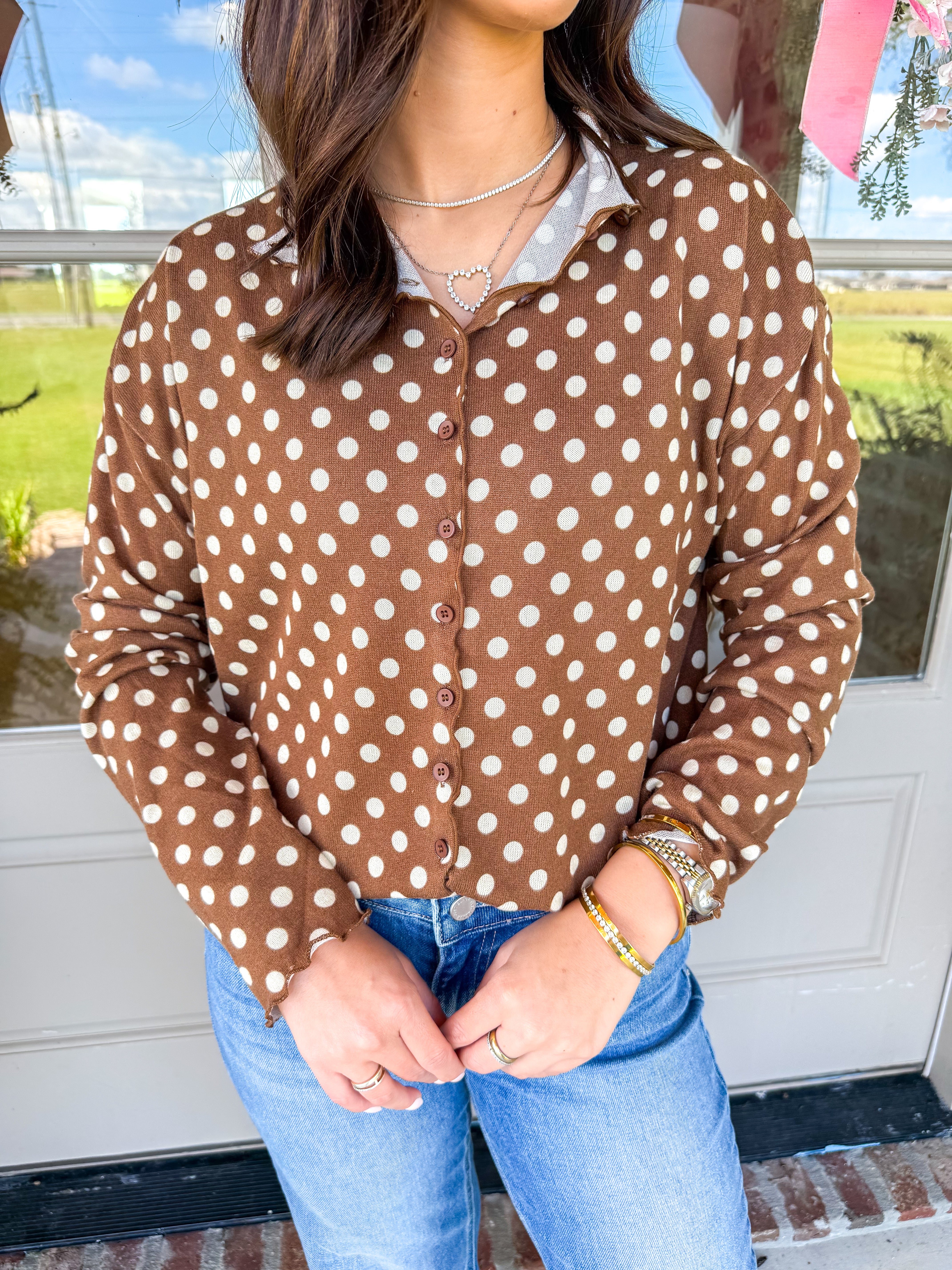 Brown Sugar Polka Dot Button-Up Top