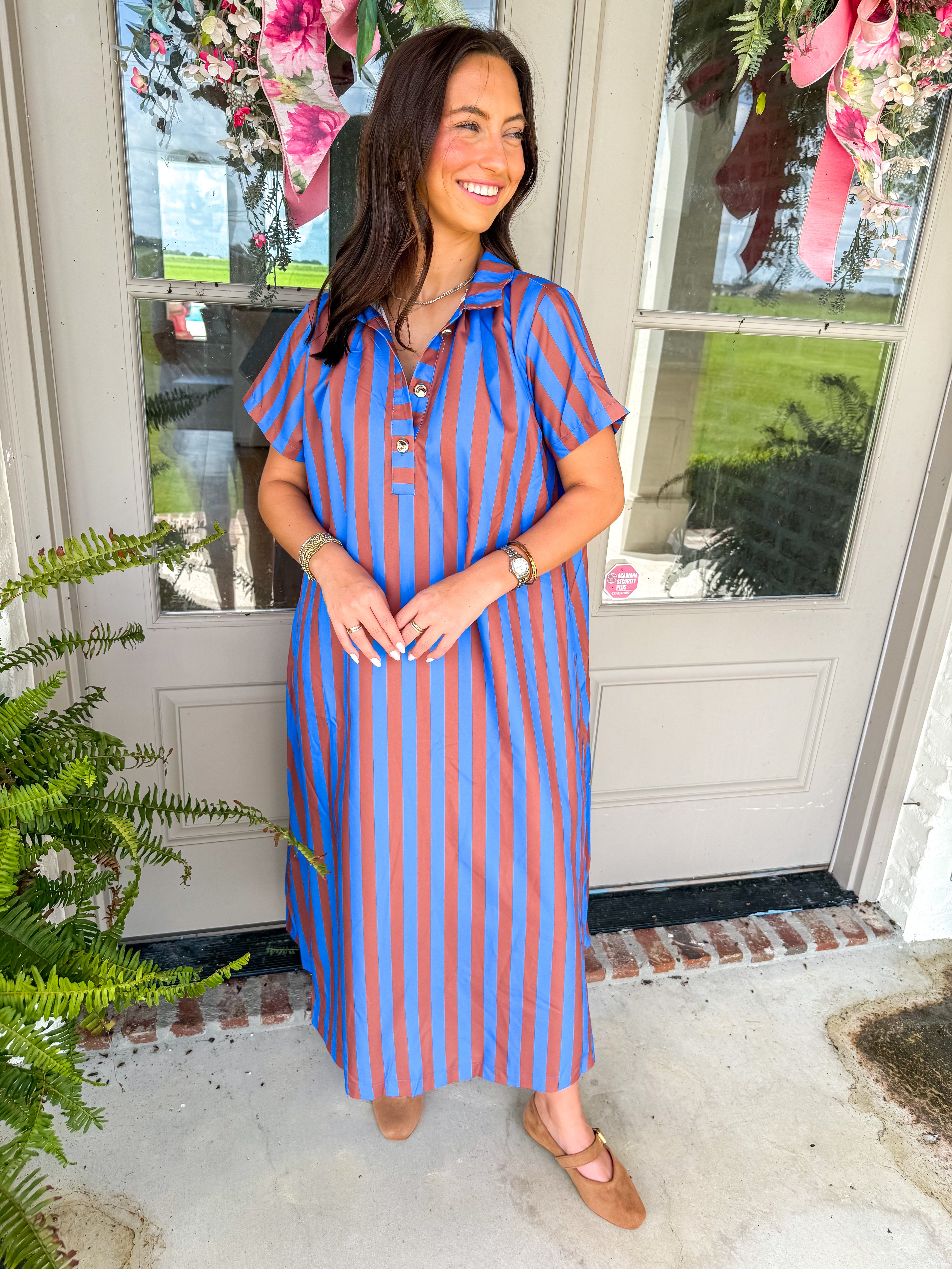 Royal Stripe High-Neck Midi Dress