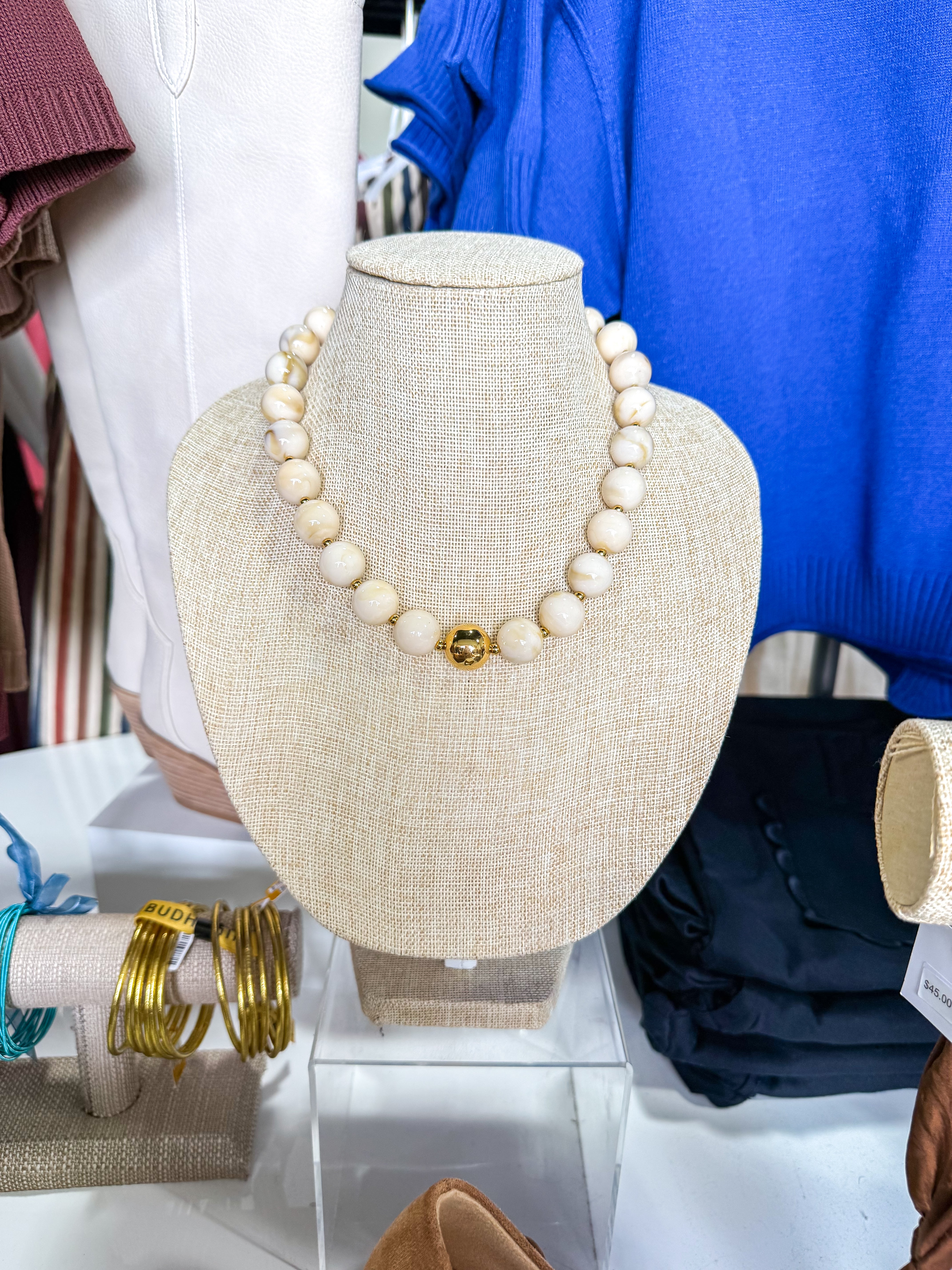 Cream Marbled Beaded Necklace